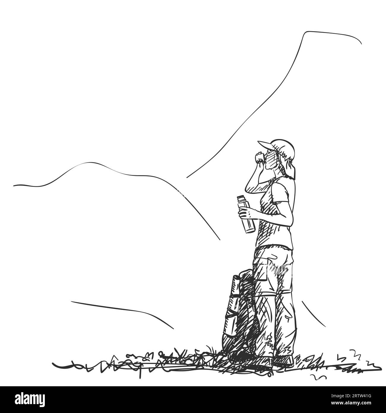 La ragazza è in piedi in montagna con lo zaino a terra e beve da thermos, disegno vettoriale disegnato a mano Illustrazione Vettoriale