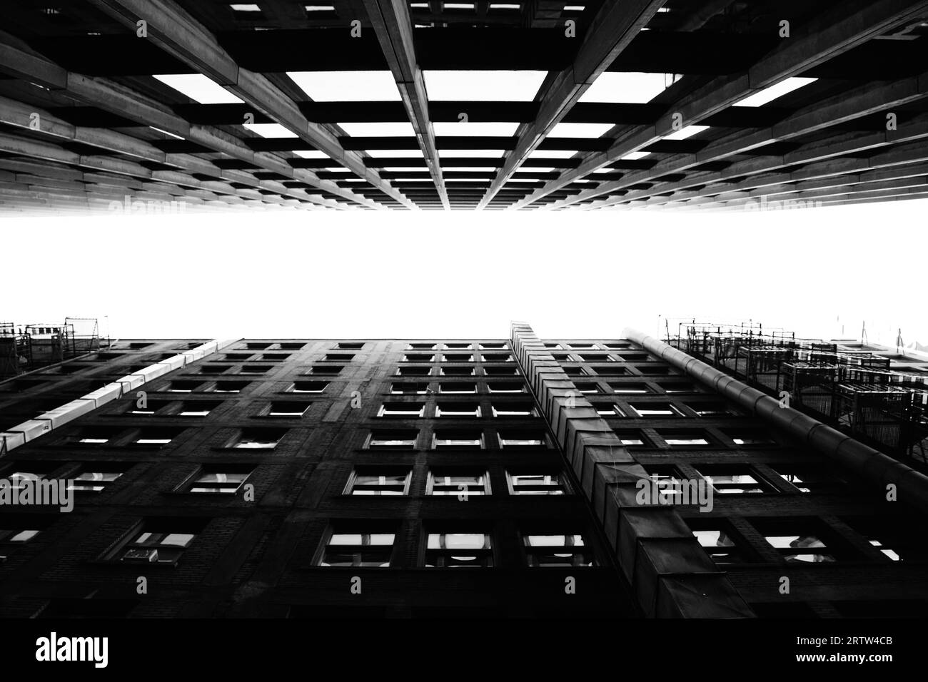 Un angolo basso di edifici simmetrici contro il cielo di Montreal in scala di grigi Foto Stock