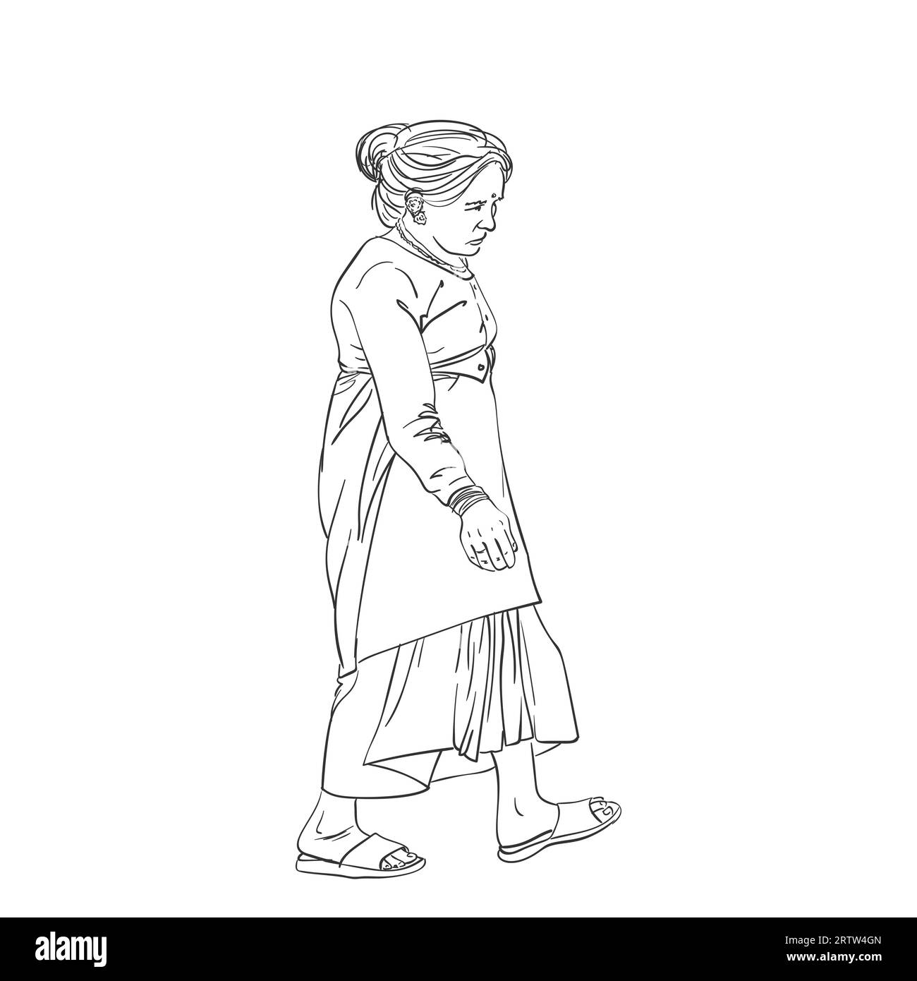 Schizzo di una donna nepalese, ritratto completo di una donna anziana che cammina dal Nepal in abiti etnici sari line art disegnato a mano isolato Illustrazione Vettoriale