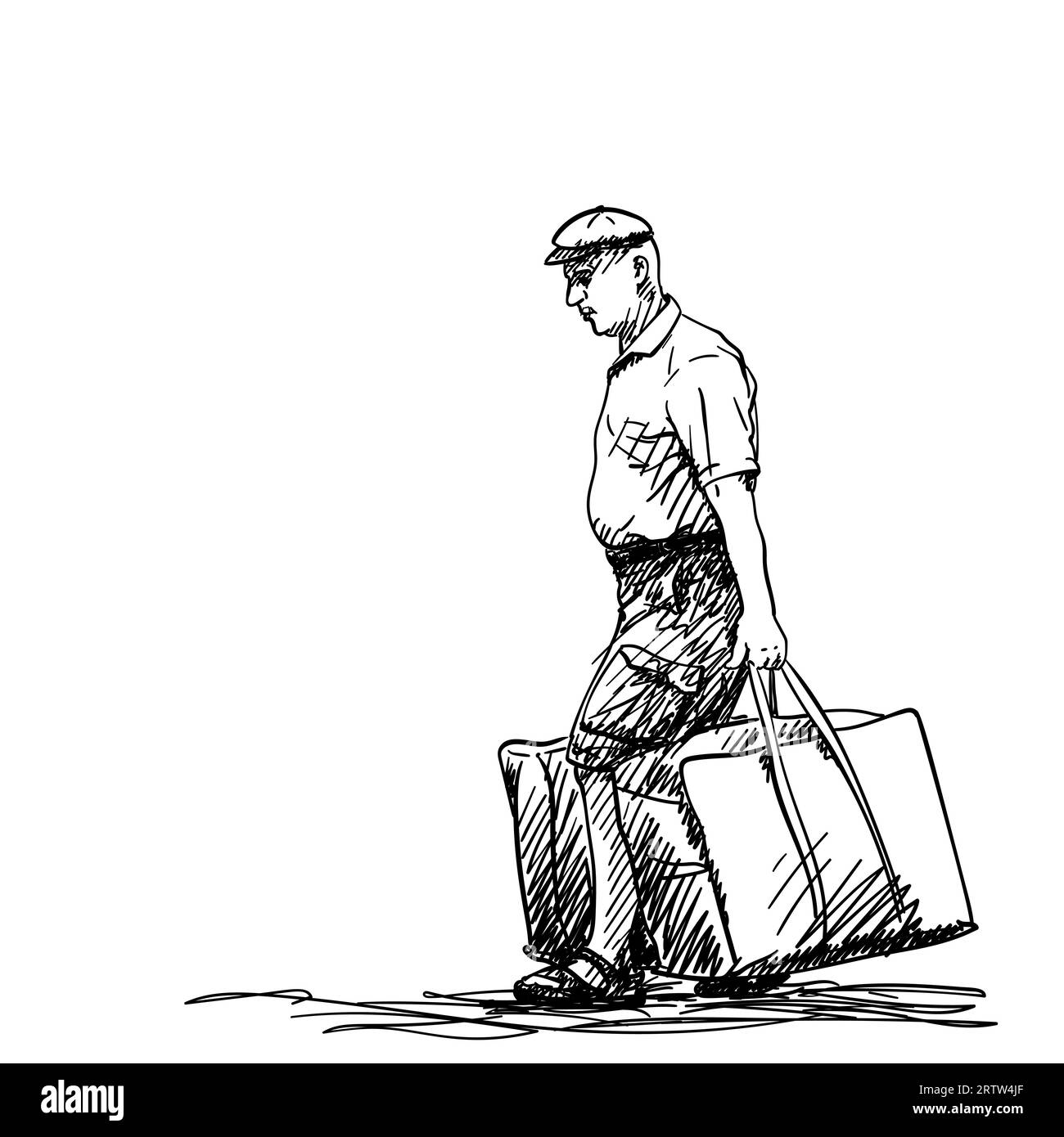Disegno di un uomo di mezza età che porta due grandi borse pesanti in entrambe le mani e indossa un berretto, disegno vettoriale disegnato a mano Illustrazione Vettoriale