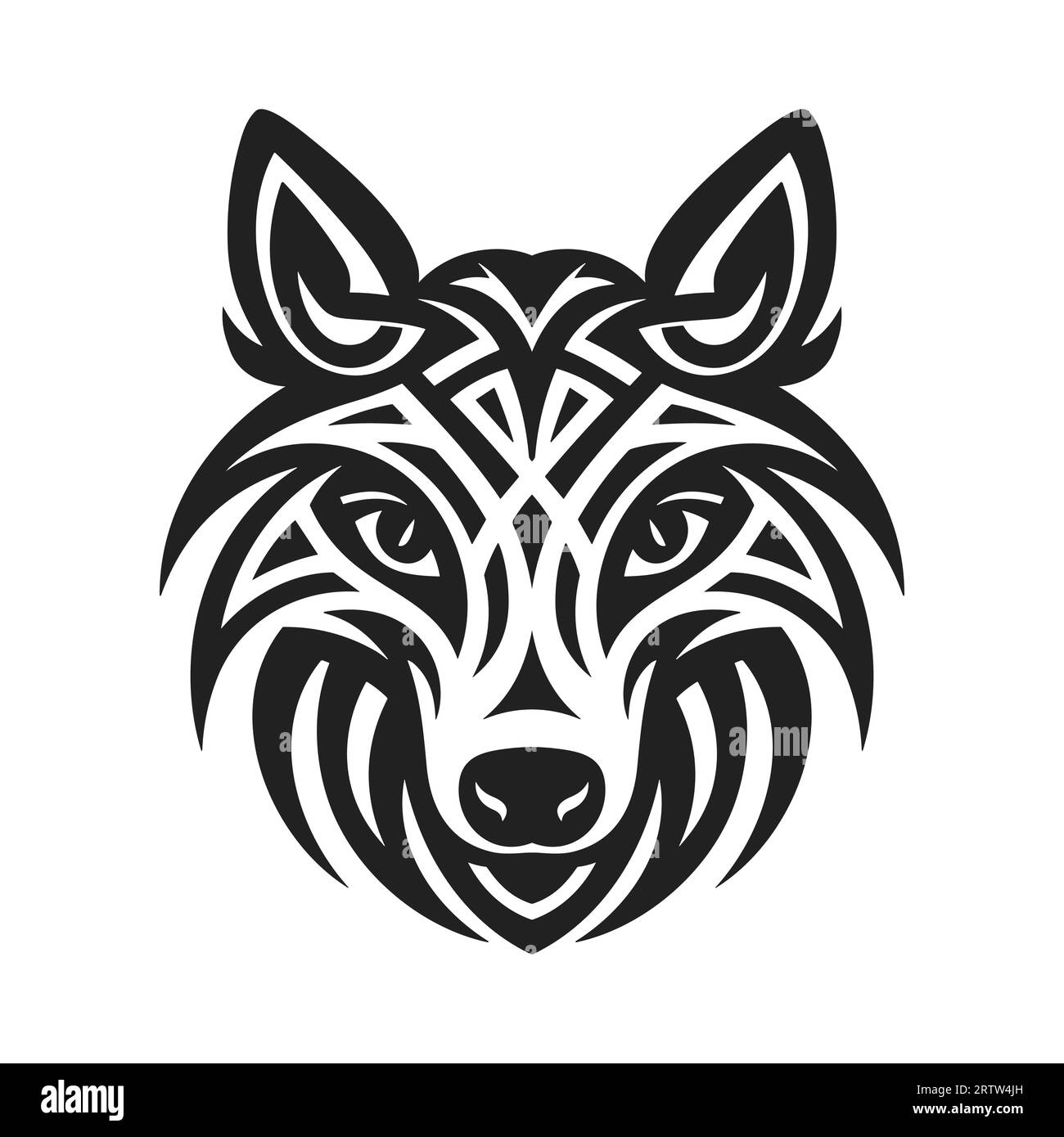 Tatuaggio tribale della testa di lupo con ornamento celtico e nordico disegno vettoriale in stile piatto. Illustrazione Vettoriale