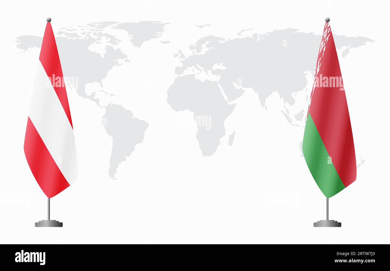 Bandiere austriache e bielorusse per riunioni ufficiali sullo sfondo della mappa mondiale. Illustrazione Vettoriale