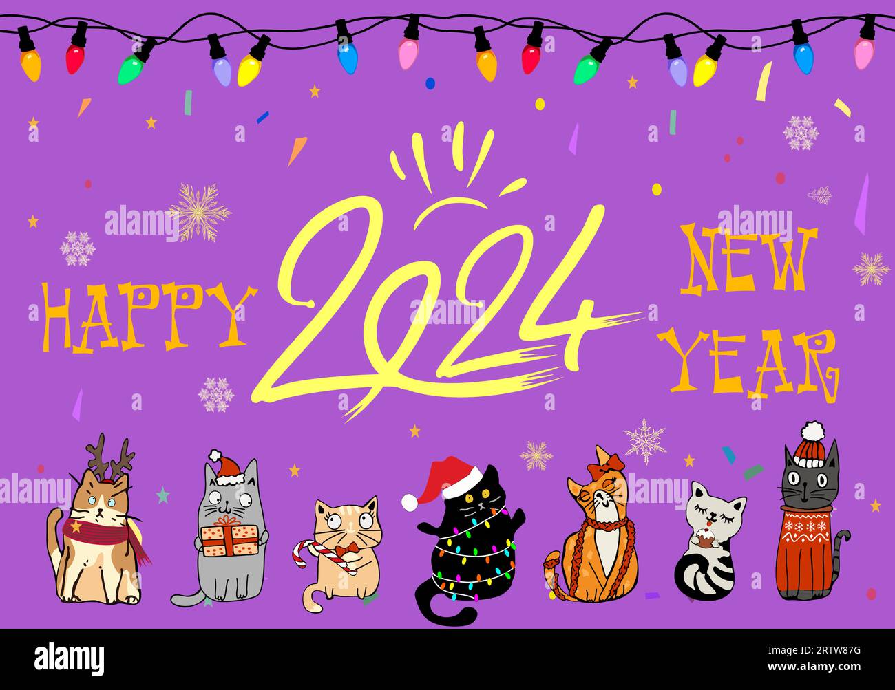 Buon anno 2024 biglietto d'auguri, background. Illustrazione Vettoriale