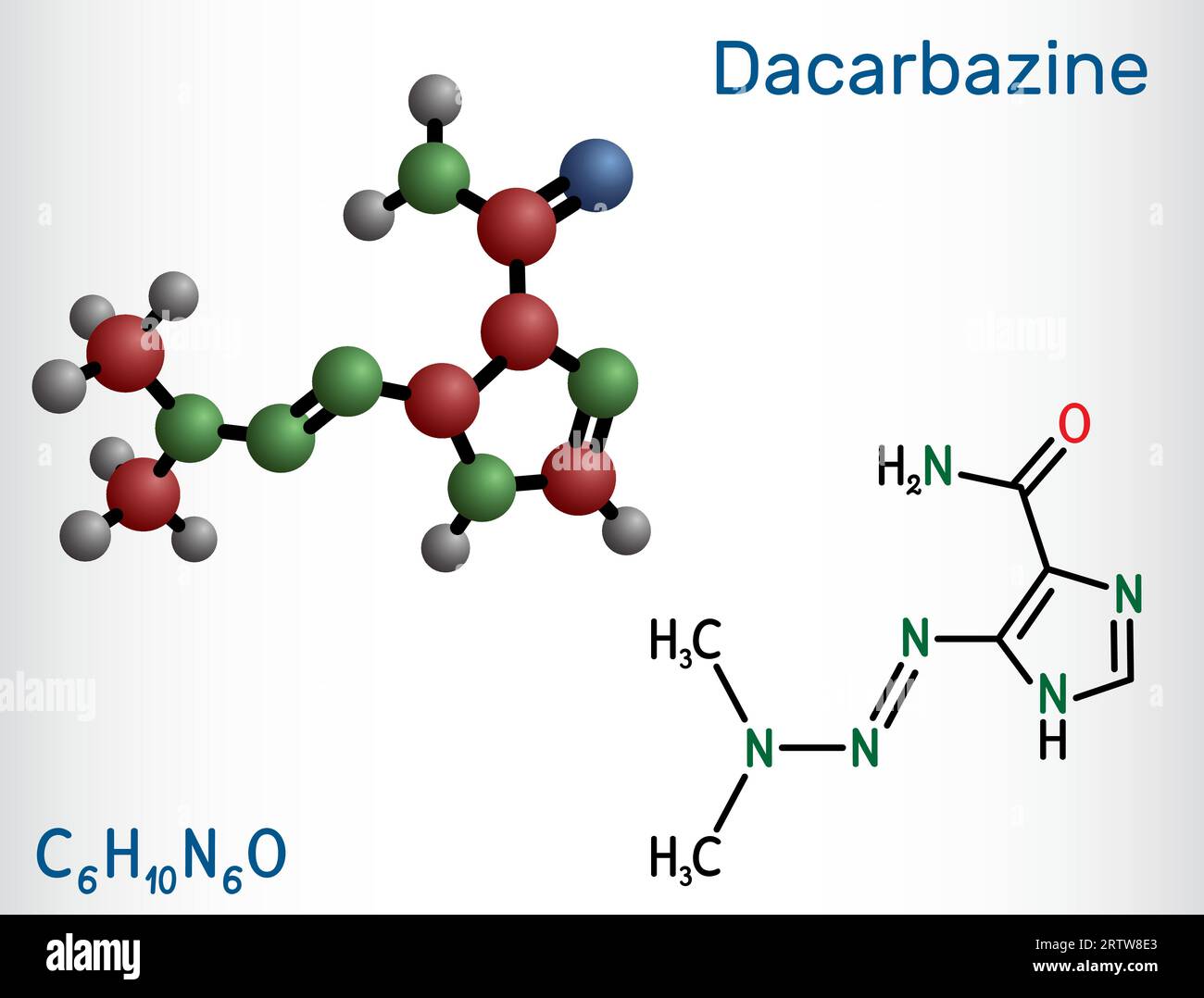 Dacarbazina, imidazolo carbossammide, molecola DTIC. È un farmaco antineoplastico usato per trattare il melanoma maligno, il morbo di Hodgkin. Chimica strutturale Illustrazione Vettoriale