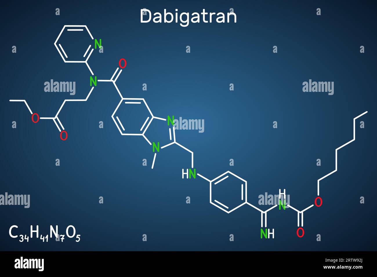 Molecola di dabigatran. È un farmaco anticoagulante. Formula chimica strutturale su sfondo blu scuro. Illustrazione vettoriale Illustrazione Vettoriale