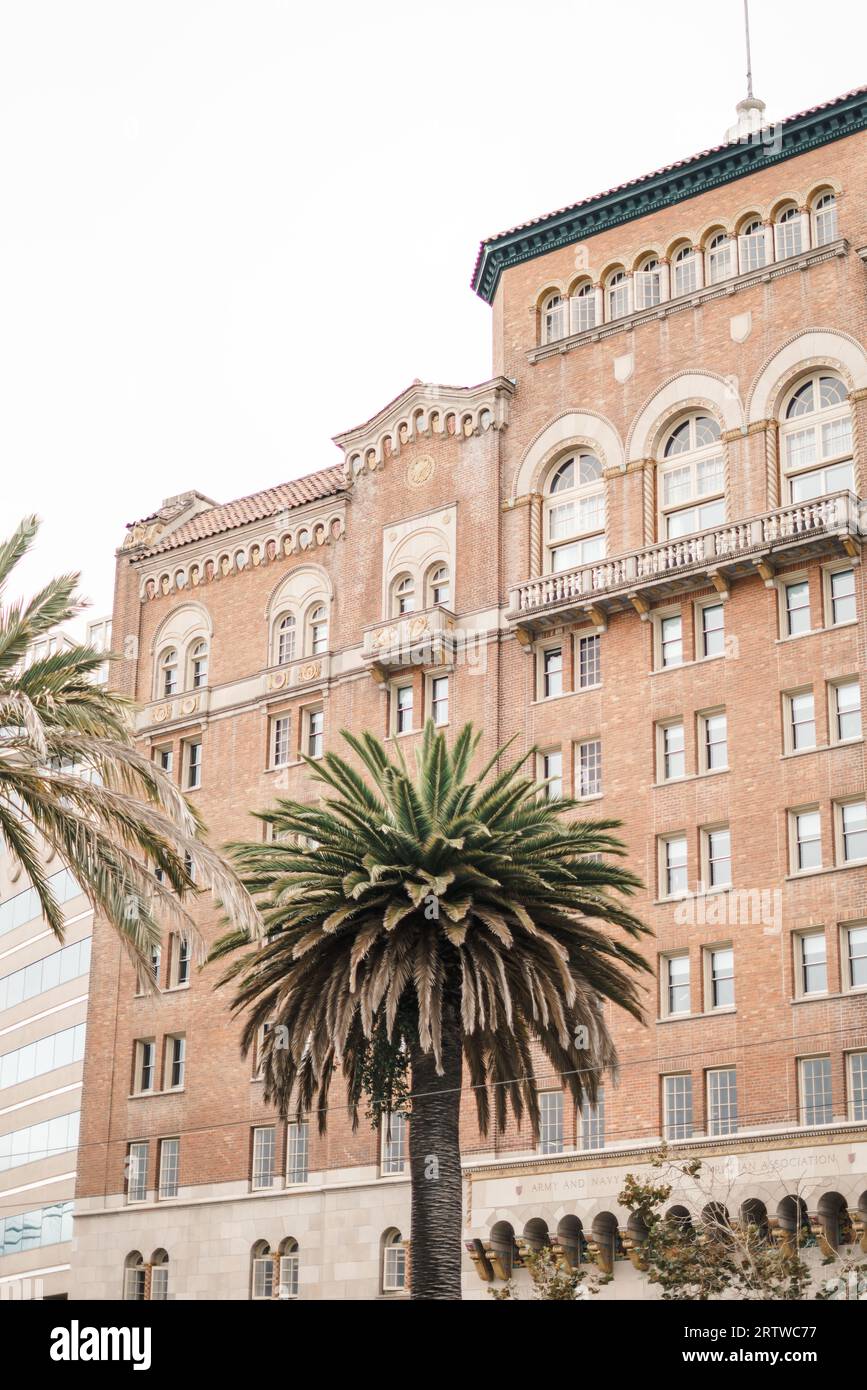 Un edificio commerciale in mattoni rossi e una palma a San Francisco Foto Stock