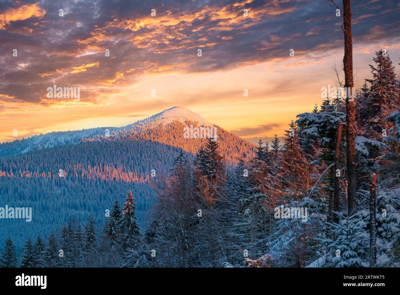 Cima innevata della montagna e cielo al tramonto. Natura selvaggia invernale Foto Stock