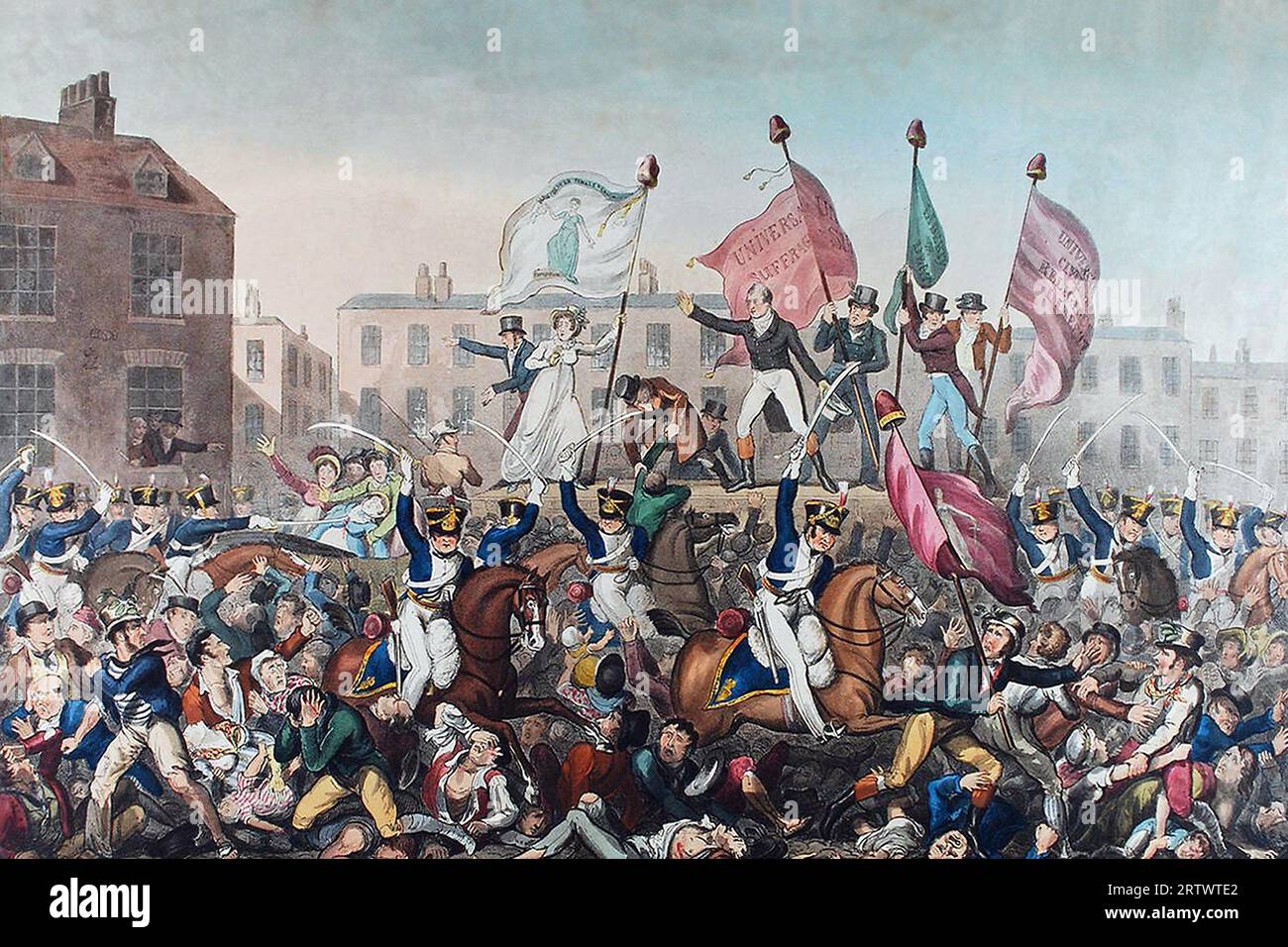 Un'incisione colorata che raffigura il massacro di Peterloo (soppressione militare di una manifestazione a Manchester, in Inghilterra, per carica di cavalleria nell'agosto di quell'anno Foto Stock