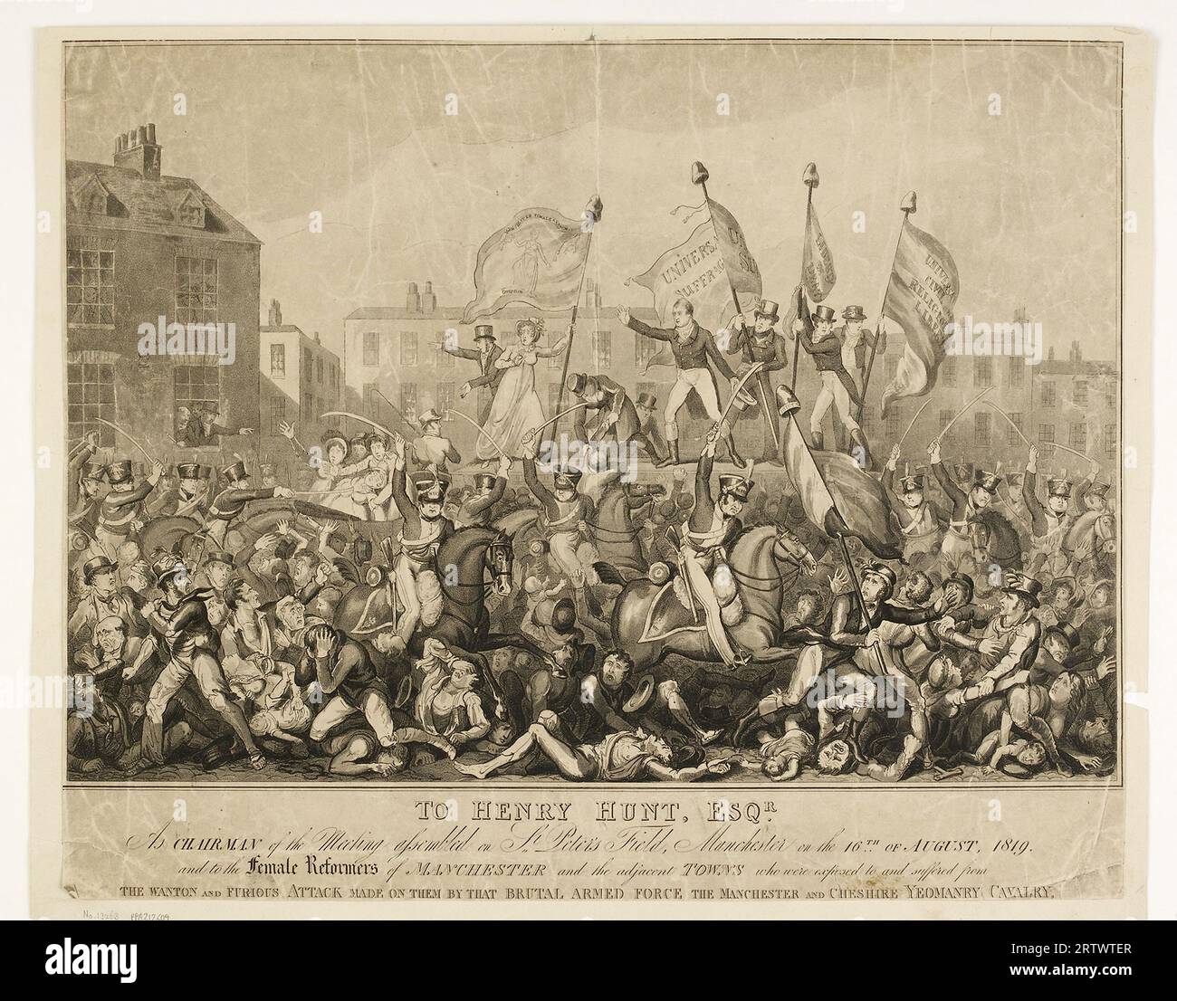 Il 16 agosto 1819, ora noto come il massacro di Peterloo, migliaia di manifestanti pacifici per la riforma parlamentare si sono riuniti in Piazza San Pietro, Foto Stock