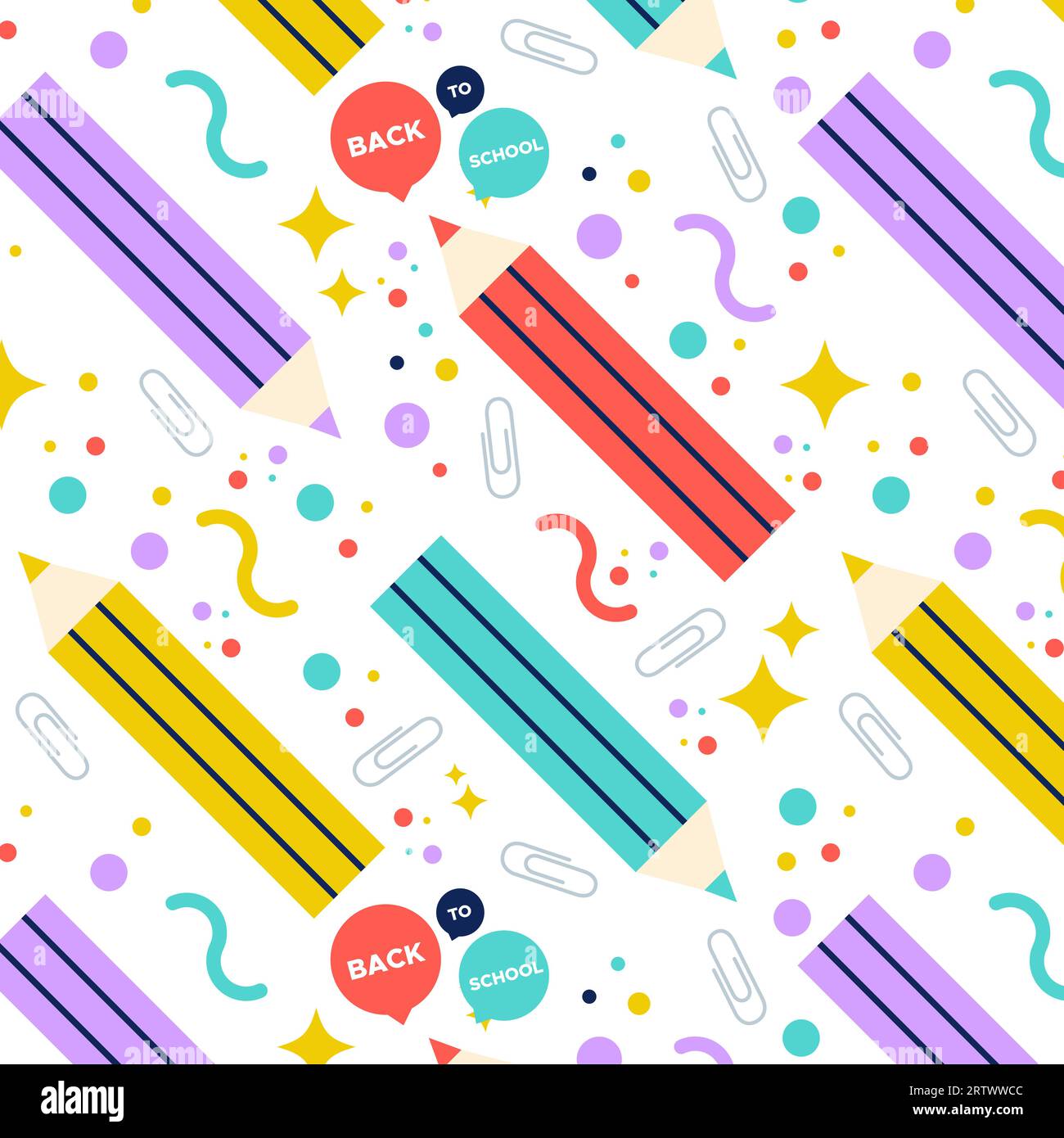 Torna a scuola. Matite colorate e altri materiali senza cuciture. Illustrazione vettoriale, design piatto Illustrazione Vettoriale