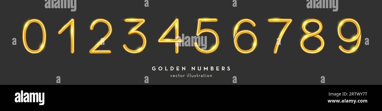 Eleganti numeri d'oro. Set di numeri in oro reale di lusso. Illustrazione vettoriale 3D. Illustrazione Vettoriale