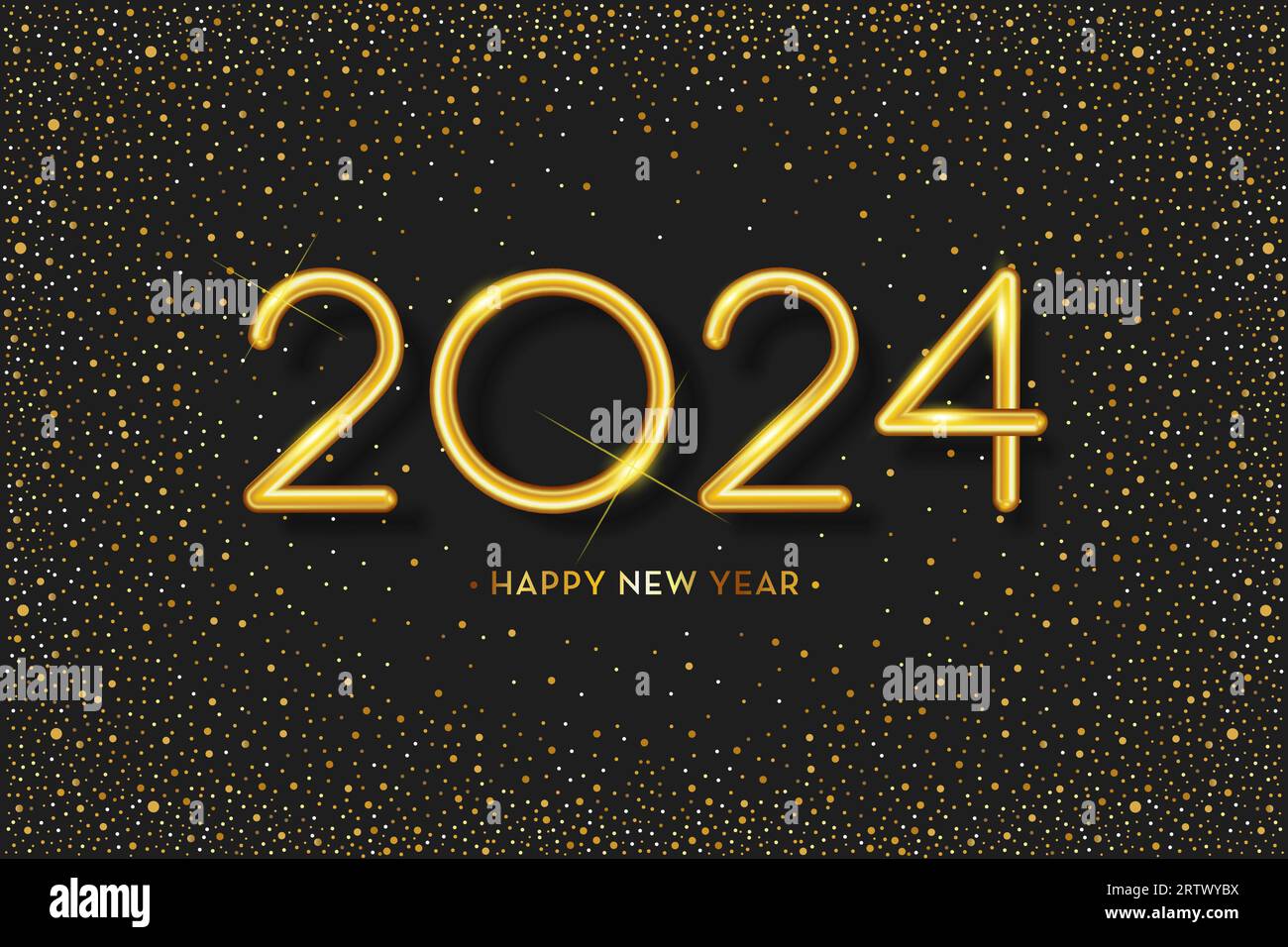 Banner felice anno nuovo 2024. Design Golden Luxury Festive Shining Numbers. Illustrazione vettoriale in uno stile 3D realistico Illustrazione Vettoriale