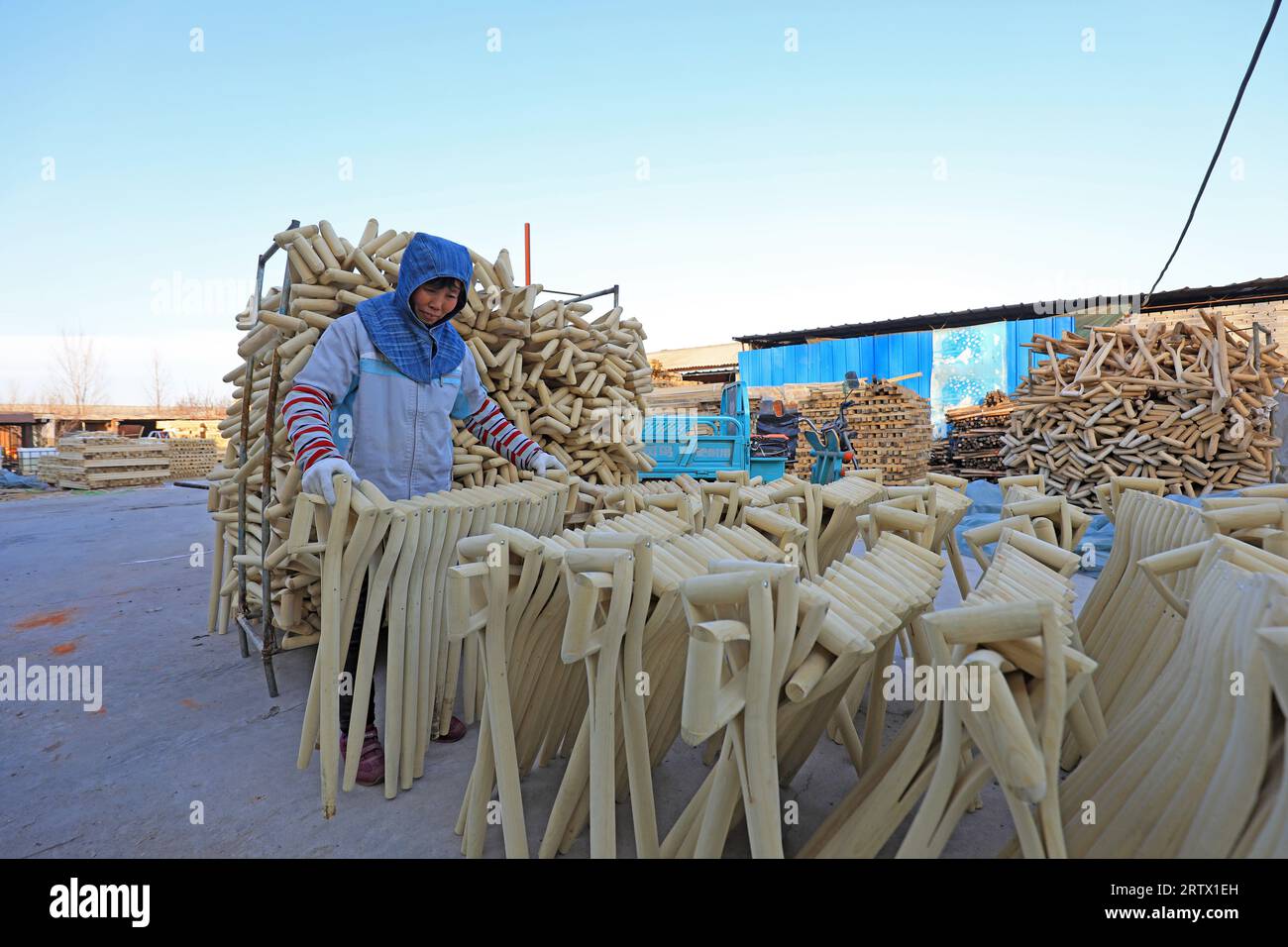 CONTEA DI LUANNAN, Cina - 25 novembre 2021: I lavoratori riordinano le maniglie a forcella in legno lavorate in una fabbrica, nel nord della Cina Foto Stock