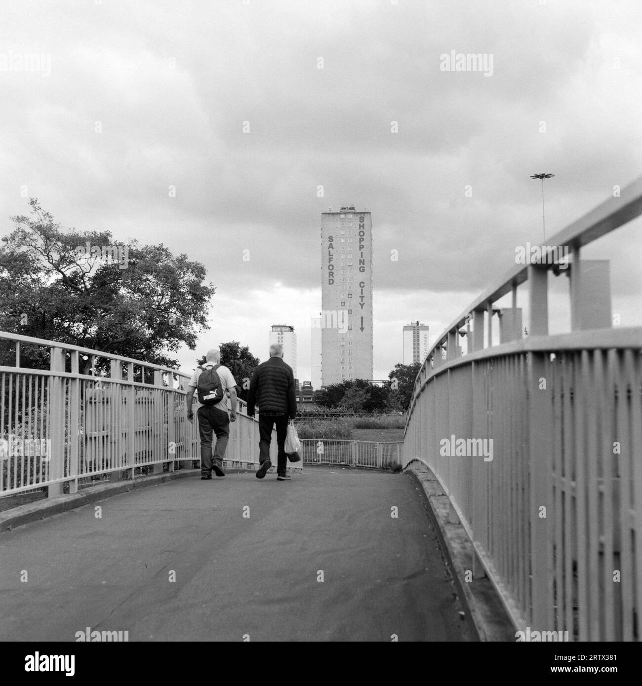 Briar Hill Court Tower block, vista dal ponte pedonale che attraversa la A6 a Pendleton, Salford. Salford Shopping City, distretto di Salford. REGNO UNITO Foto Stock