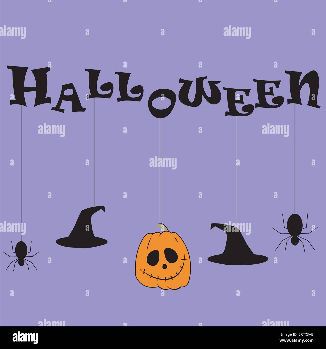 Banner di Halloween con zucca, ragni e cappelli da strega su sfondo viola Illustrazione Vettoriale