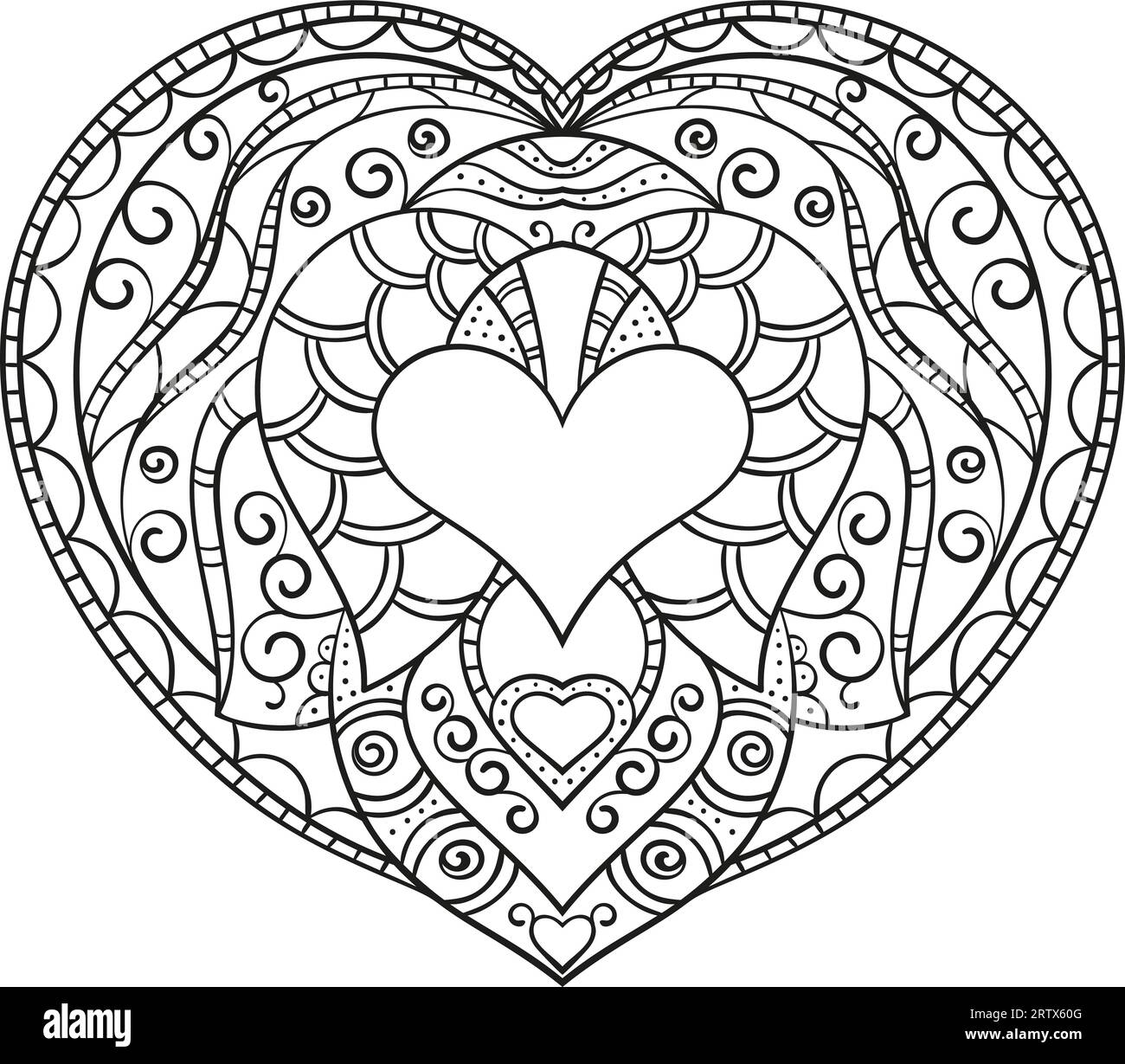 Cuore decorativo, pagina per libri da colorare per adulti, illustrazione vettoriale disegnata a mano Illustrazione Vettoriale