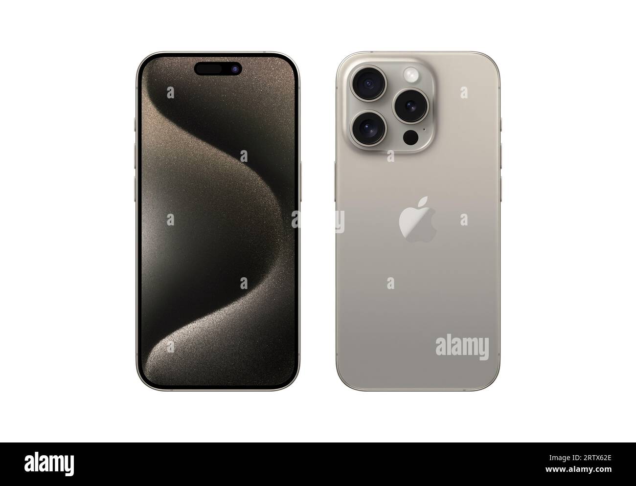 Antalya, Turchia - 14 settembre 2023: Nuovo set di mockup professionale per iPhone 15 Natural Titanium con angoli anteriori e posteriori Foto Stock
