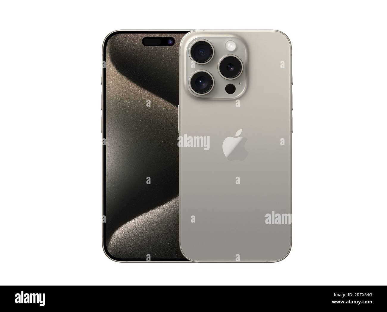 Antalya, Turchia - 14 settembre 2023: Nuovo set di mockup professionale per iPhone 15 Natural Titanium con angoli anteriori e posteriori Foto Stock