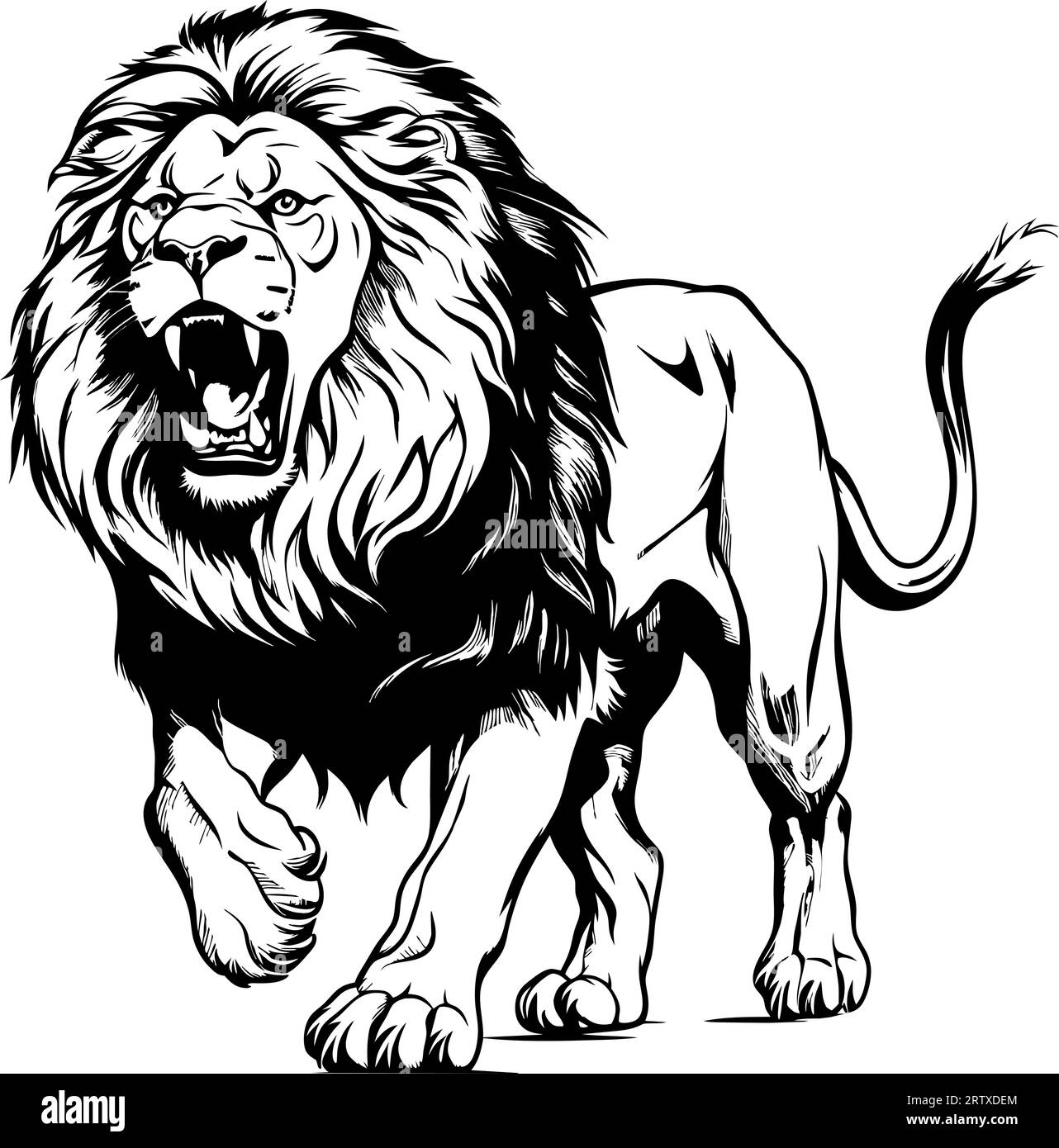 Incisione vintage, leone isolato, king set illustrativo, schizzo a inchiostro. Africa sfondo di gatto selvatico disegno della silhouette di animale. Vettore disegnato a mano in bianco e nero Illustrazione Vettoriale