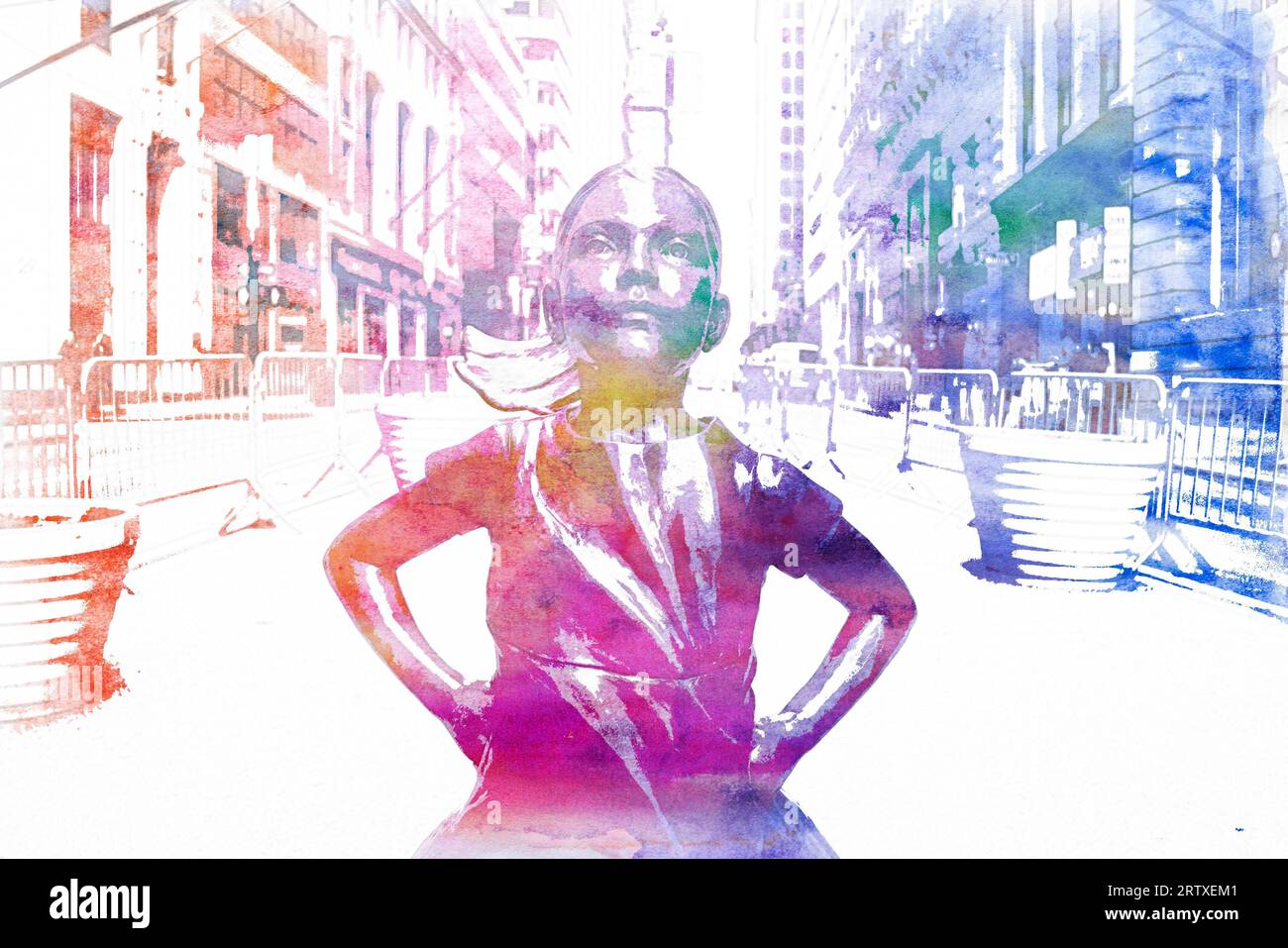 Illustrazione della Fearless Girl Statue nella sua posizione originale a Broadway, a Lower Manhattan. Foto Stock