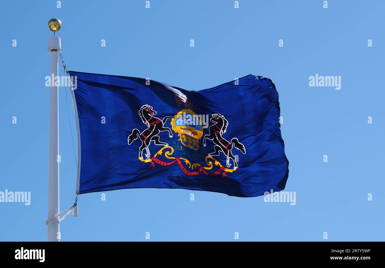Primo piano della bandiera dello stato della Pennsylvania sullo sfondo del cielo blu e delle nuvole bianche Foto Stock