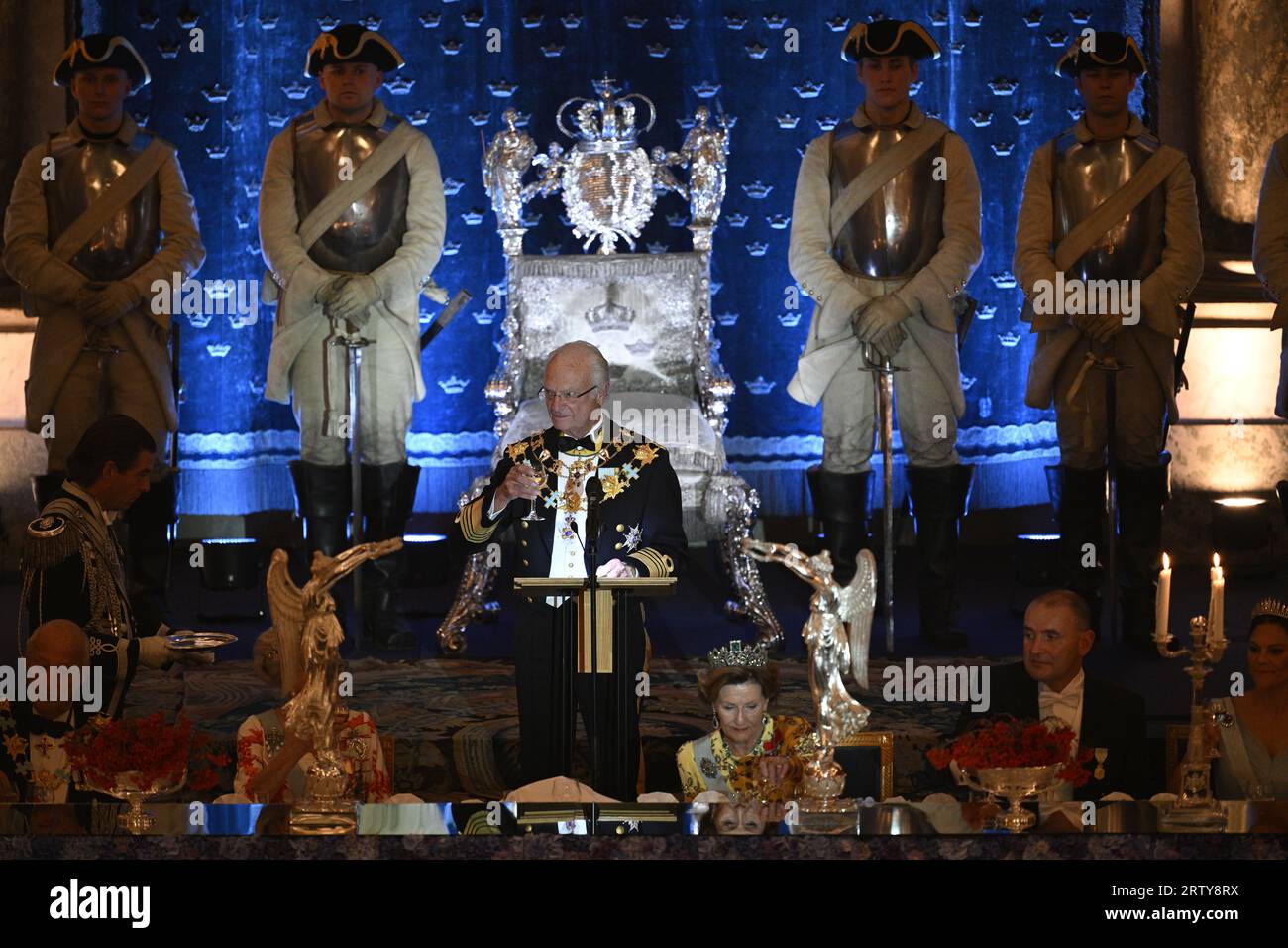 Stoccolma, Sverige. 15 settembre 2023. STOCCOLMA 20230915Kung Carl Gustaf håller tal under jubileumsbanketten i Rikssalen på Stockholms slott med anledning av kung Carl XVI Gustafs 50-årsjubileum på tronen. Foto: Anders Wiklund/TT/kod 10040 crediti: TT News Agency/Alamy Live News Foto Stock
