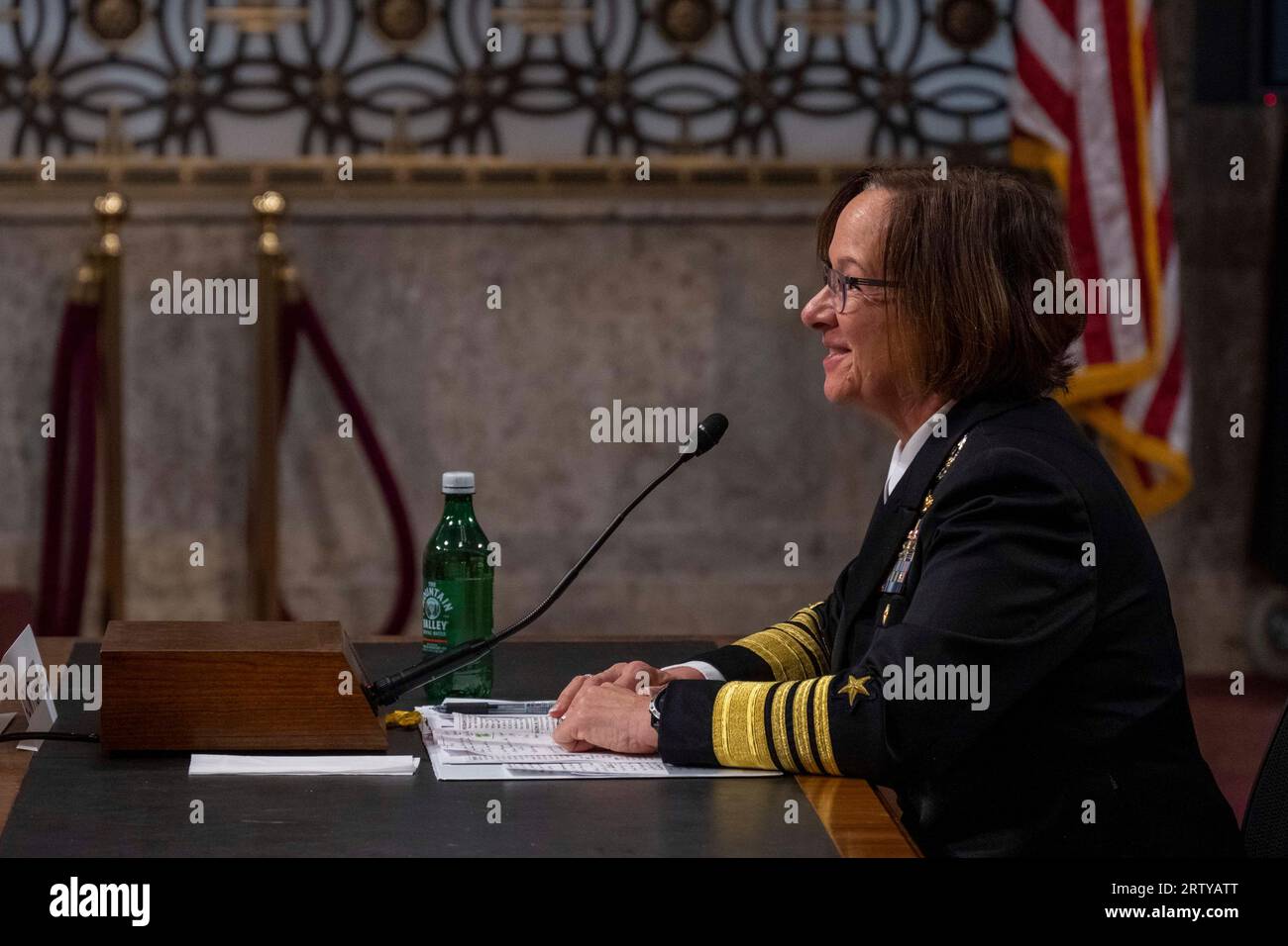 Washington, Stati Uniti d'America. 14 settembre 2023. Washington, Stati Uniti d'America. 14 settembre 2023. Lisa Franchetti, vice capo delle operazioni navali della Marina degli Stati Uniti, risponde alle domande dei membri del Comitato dei servizi armati del Senato durante la sua audizione di conferma presso il Dirksen Senate Office Building, 14 settembre 2023 a Washington, DC, 14 settembre 2023. Franchetti fu nominato capo delle operazioni navali dal presidente Biden. Crediti: MCC Amanda Gray/U.S Navy Photo/Alamy Live News Foto Stock
