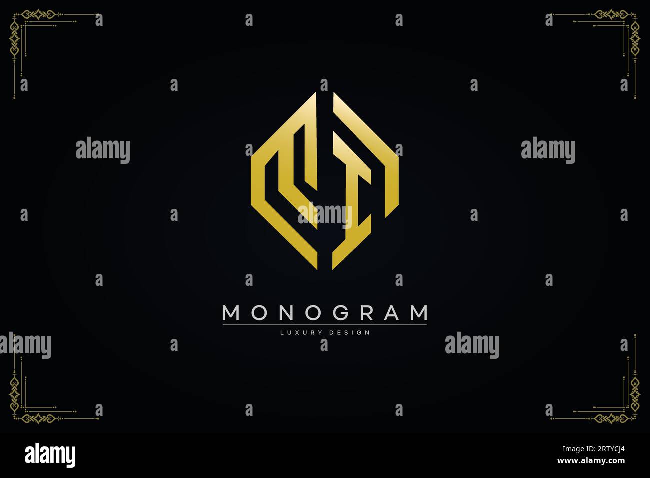 Lussuoso logo Letter mi con disegno vettoriale con linea oro e grafica a forma esagonale Illustrazione Vettoriale