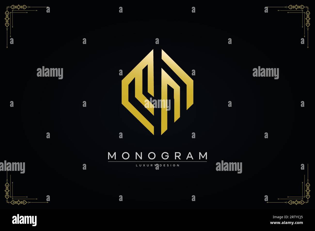 Lussuoso logo Letter MN con disegno vettoriale a forma esagonale e linea oro Illustrazione Vettoriale