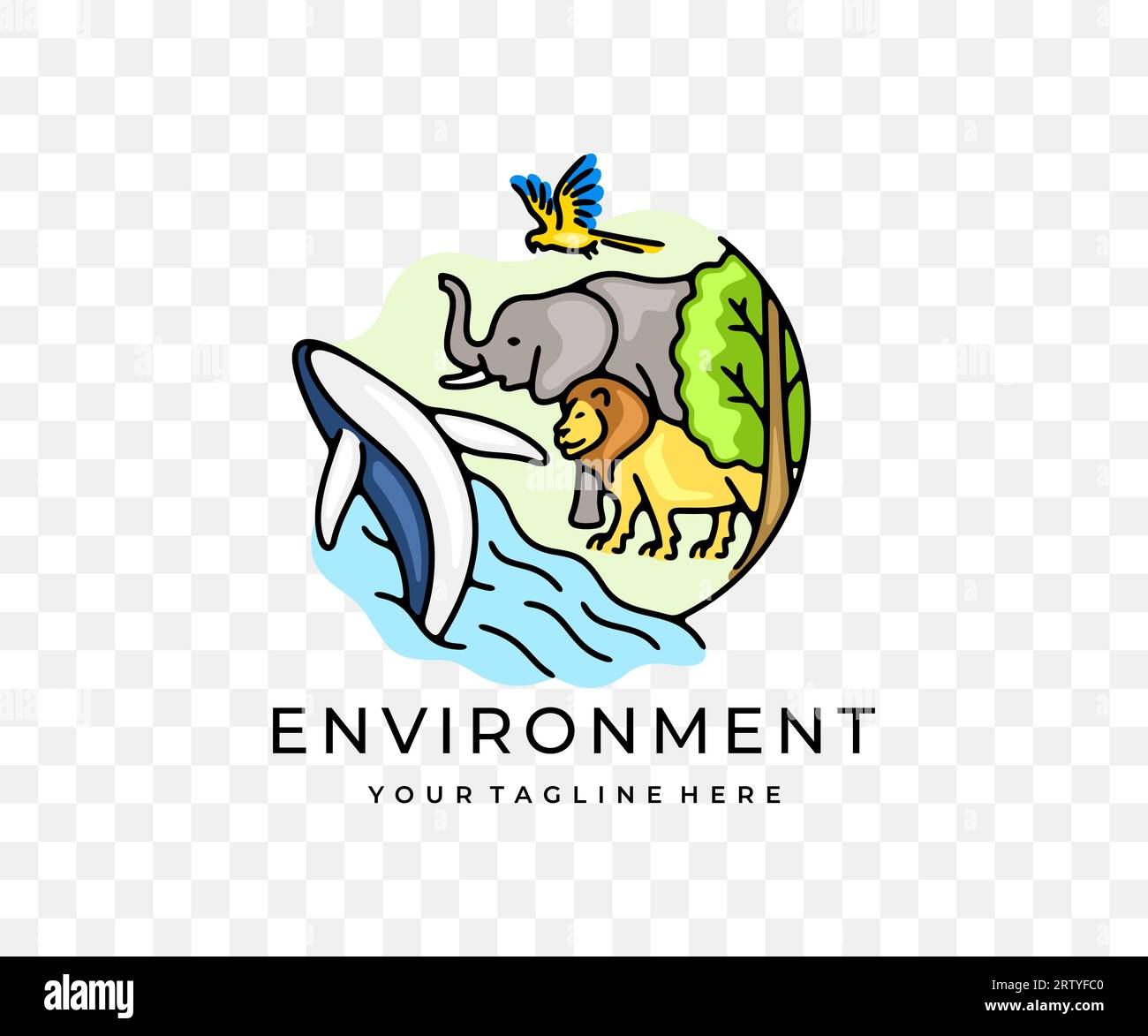 Ecosistema, animali, piante, pesci e uccelli, grafica colorata. Ambiente, leone, elefante, pappagallo macaw, balena, oceano e alberi, design vettoriale Illustrazione Vettoriale