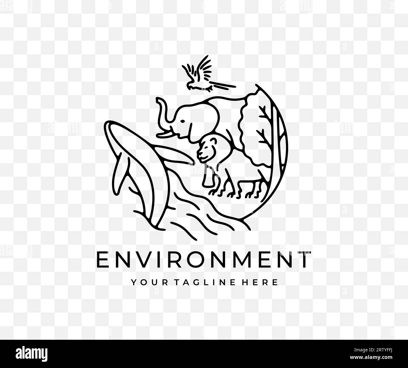 Ecosistema, animali, piante, pesci e uccelli, grafica lineare. Ambiente, leone, elefante, pappagallo macaw, balena, oceano e alberi, design vettoriale Illustrazione Vettoriale