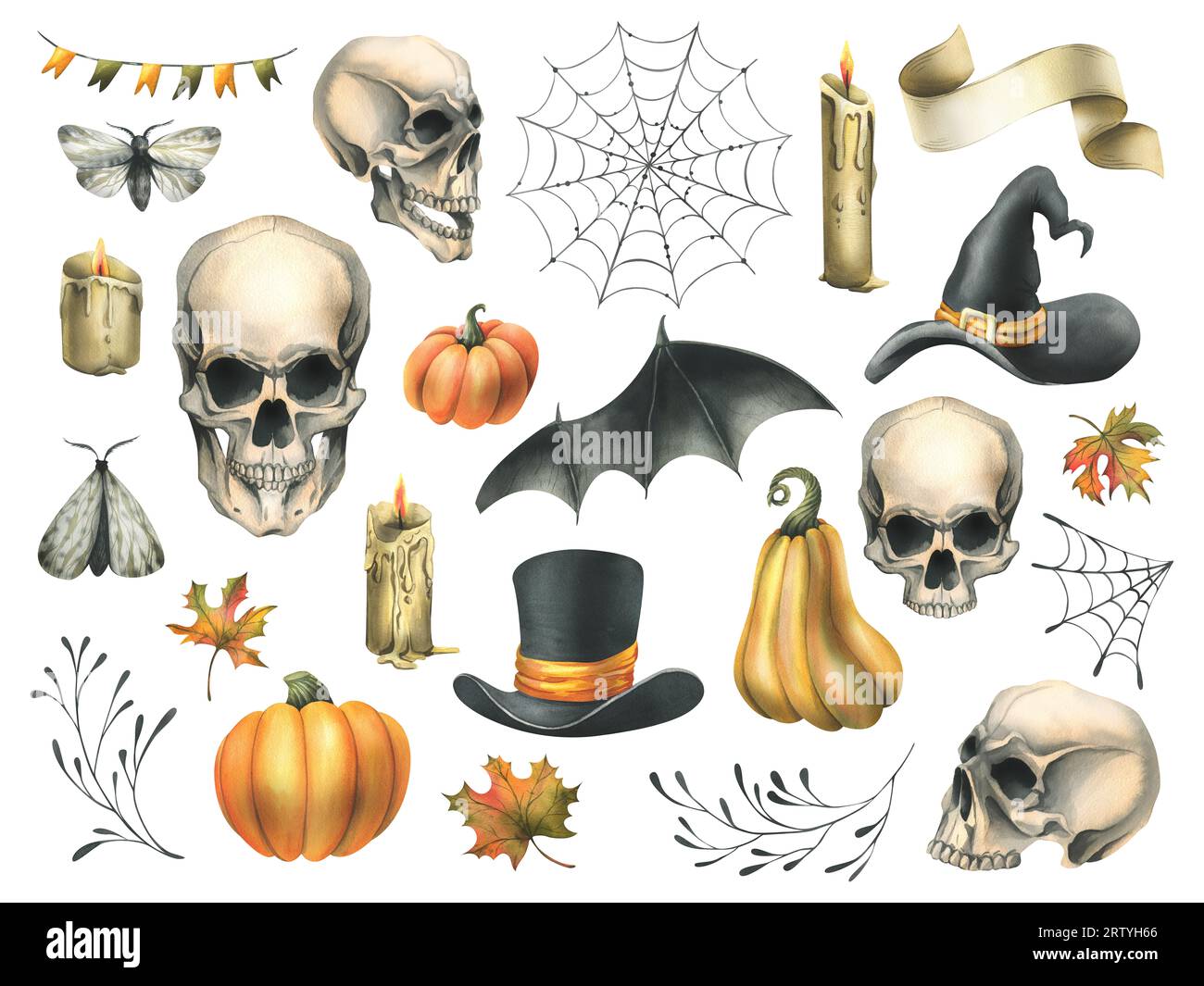 Teschi umani in cappelli con ali di pipistrello, zucche, foglie autunnali e candele. Illustrazione ad acquerello disegnata a mano per Halloween. Insieme di elementi isolati Foto Stock