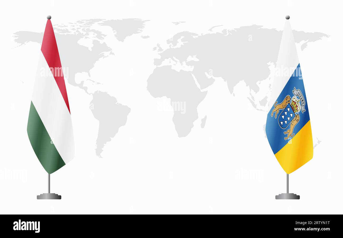 Ungheria e Isole Canarie bandiere per riunioni ufficiali sullo sfondo della mappa mondiale. Illustrazione Vettoriale