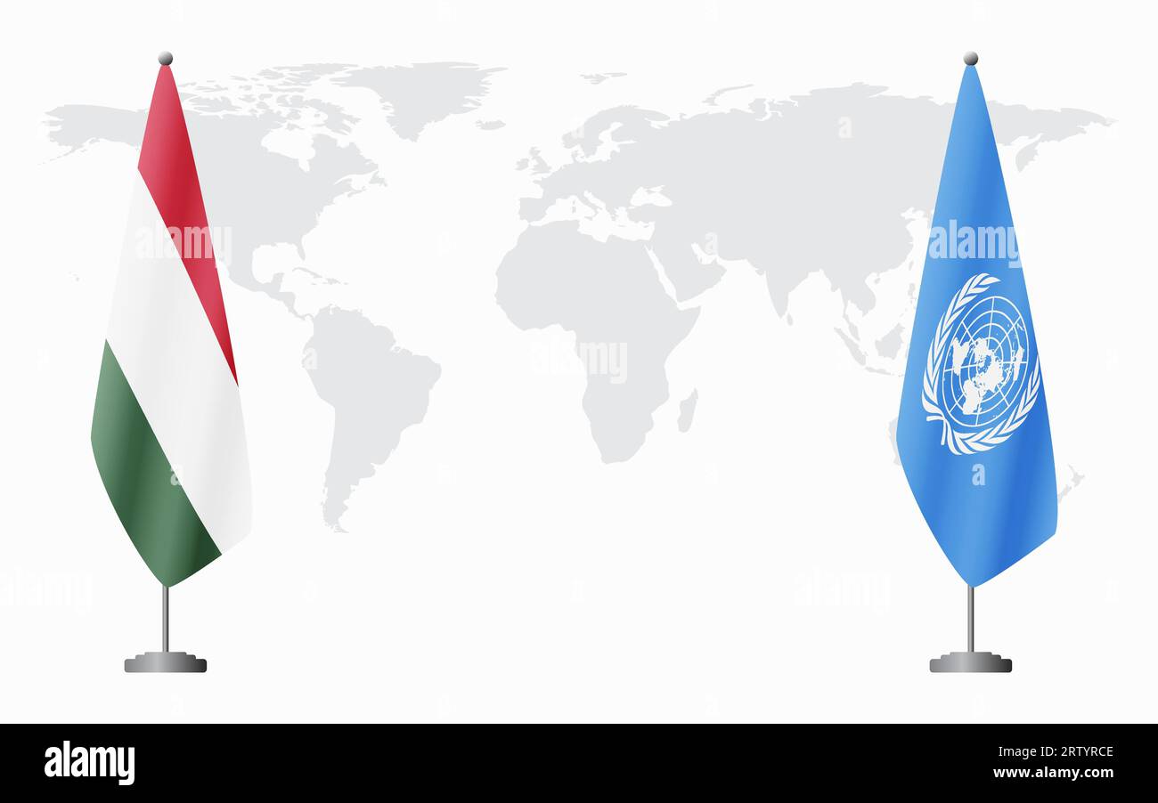 Bandiere dell'Ungheria e delle Nazioni Unite per incontri ufficiali sullo sfondo della mappa mondiale. Illustrazione Vettoriale