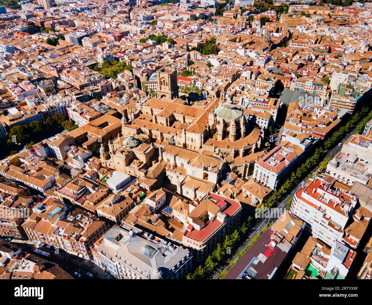 Vista panoramica aerea della Cattedrale di Granada. La Cattedrale dell'Incarnazione (Santa Iglesia Catedral) è una chiesa cattolica romana situata nella città di Granada, Andalusia, in S. Foto Stock