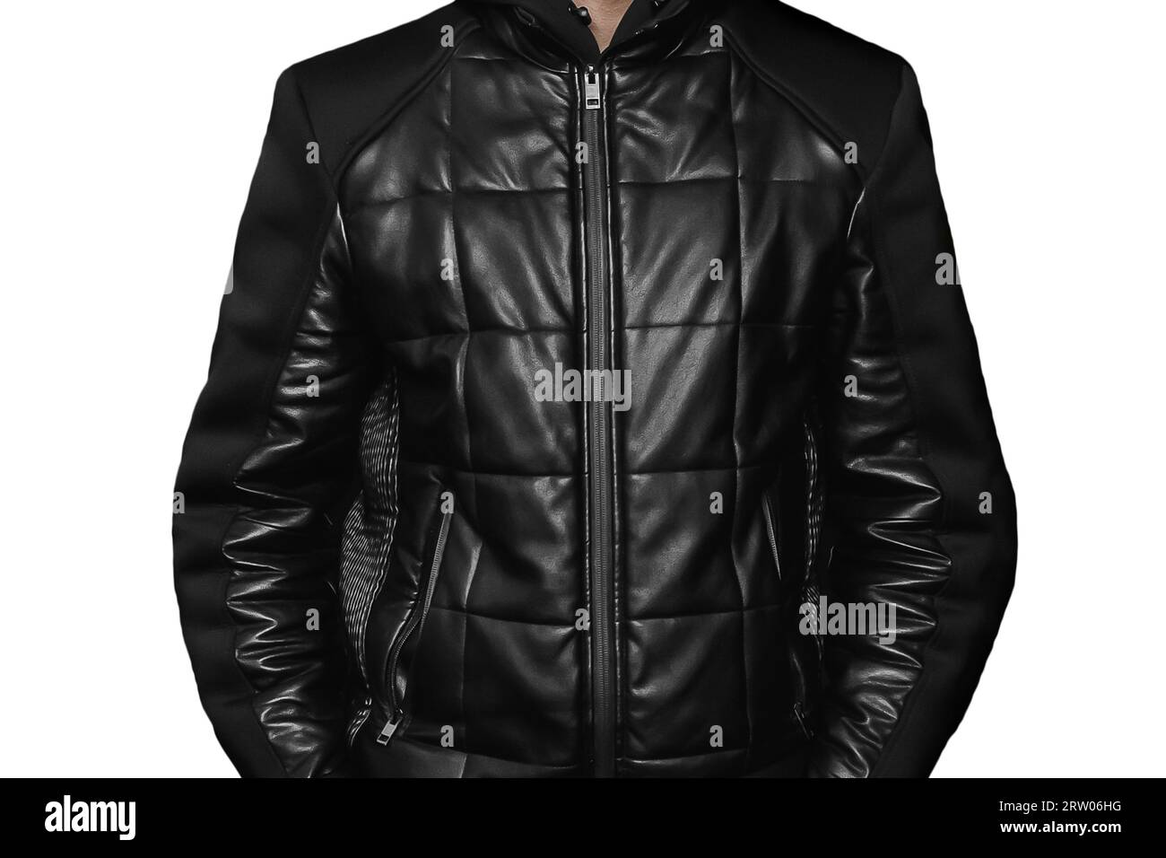 Abbigliamento alla moda da uomo con un tocco nero sullo sfondo bianco isolato. Foto Stock