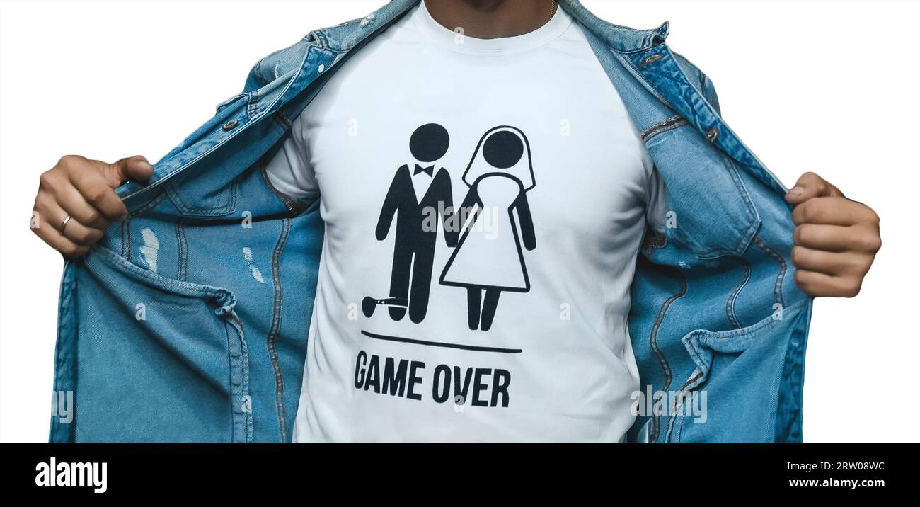 Segno e simbolo del matrimonio e del matrimonio di coppia in uno stile umoristico con uno schema di sposi novelli su uno sfondo isolato. Foto Stock