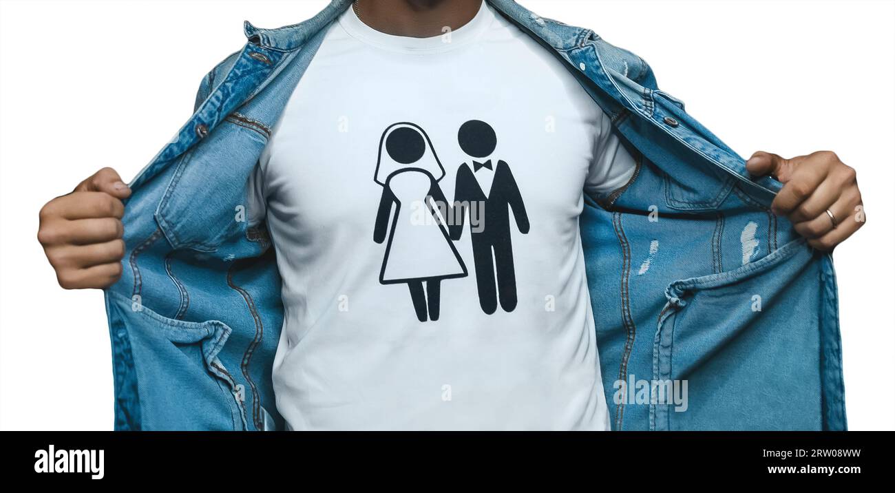 Segno e simbolo del matrimonio e del matrimonio di coppia con uno schema di sposi novelli su uno sfondo isolato. Foto Stock