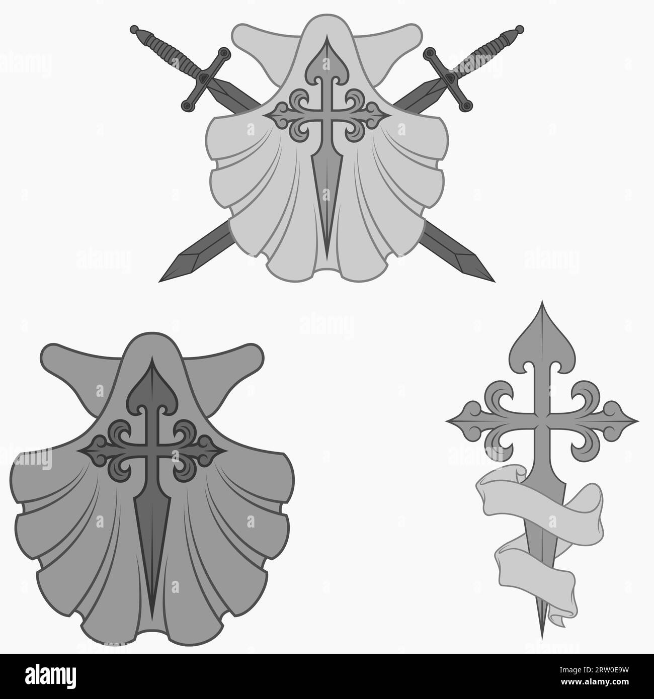Disegno vettoriale della simbologia cristiana dell'apostolo santiago, croce di santiago con capesante, spada e nastro Illustrazione Vettoriale
