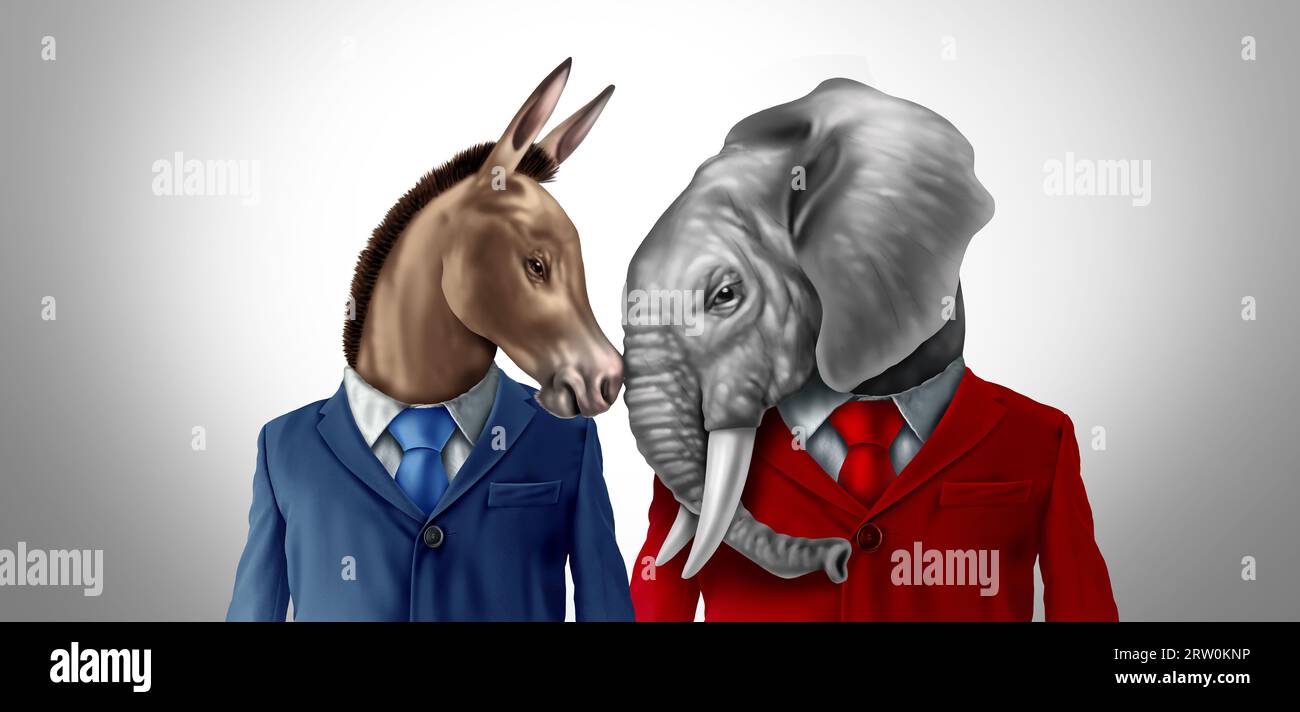 La politica di sinistra e di destra come lotta politica con un asino e un elefante come lotta elettorale politica con un conservatore Foto Stock