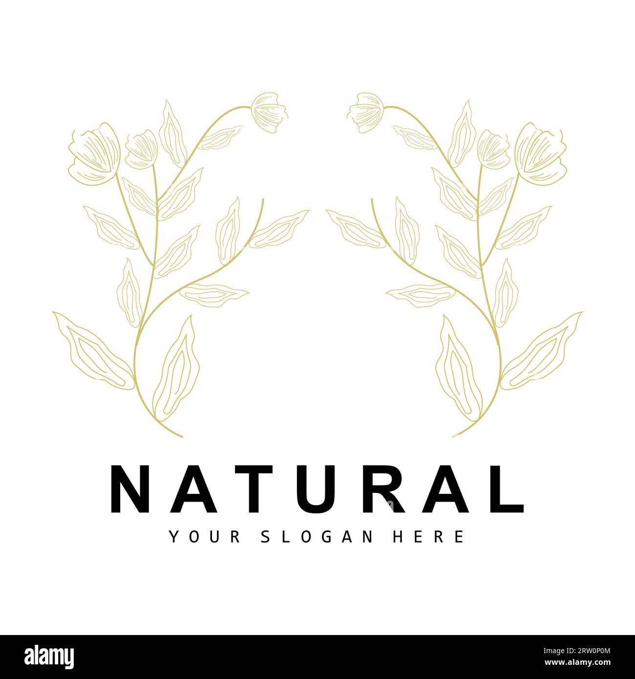 Semplice foglia botanica e logo floreale, stile Vector Natural Line, design decorativo, banner, volantino, invito a nozze, e Branding dei prodotti Illustrazione Vettoriale