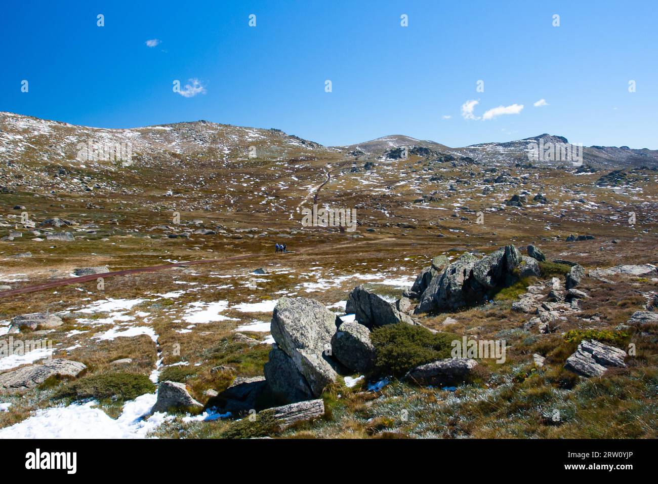 Una vista spettacolare attraverso la valle sulla passeggiata Kosciuszko in cima a Thredo guardando verso il Monte Kosciusko, nelle Snowy Mountains, nuovo Foto Stock