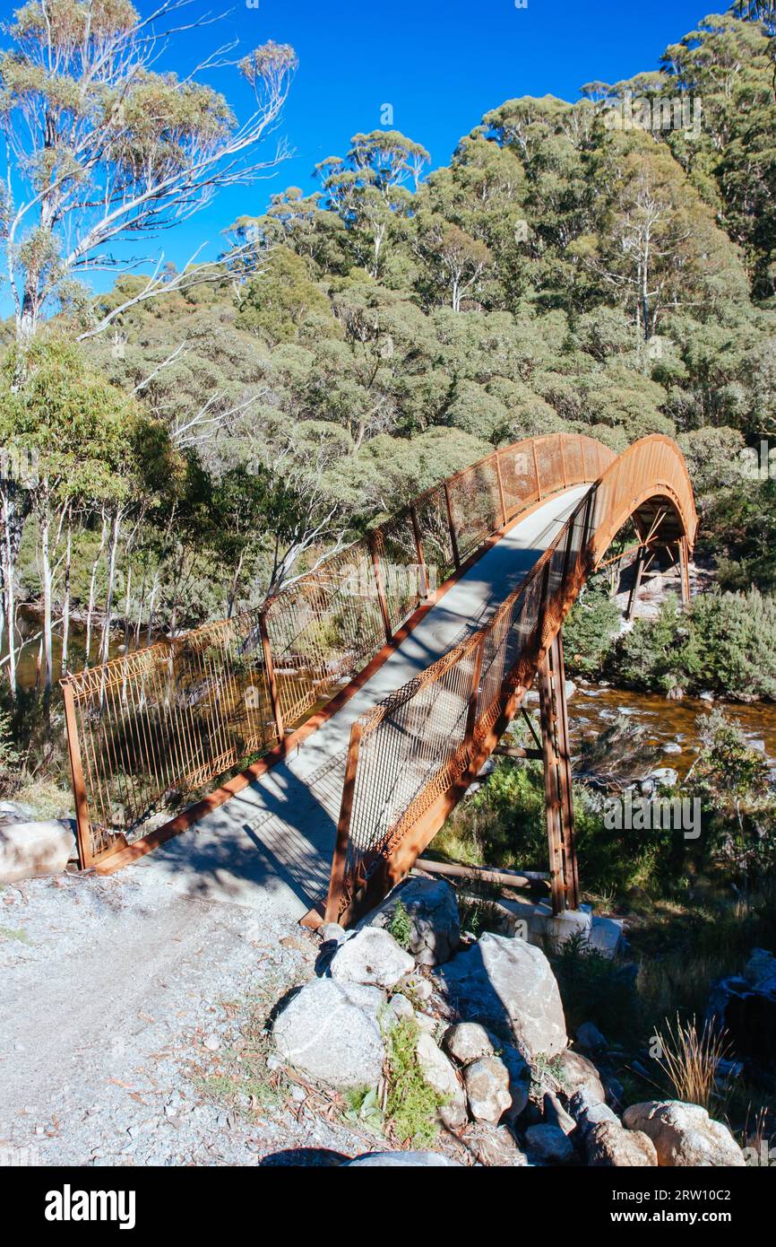 Il famoso Thredo Valley Track, una pista ciclabile che va da Thredbo a Jindabyne attraverso il lago Crackenback nel nuovo Galles del Sud, Australia Foto Stock