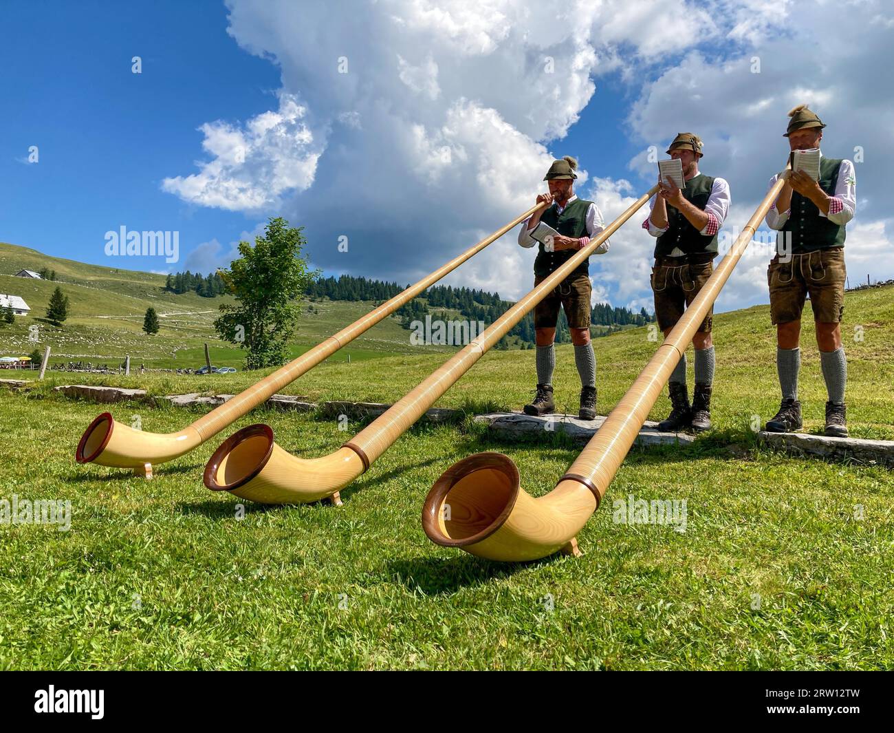 Alphorn blowers al Christlalm sul Trattberg Almfest il 15.8,23, Salzburger Land, Austria Foto Stock