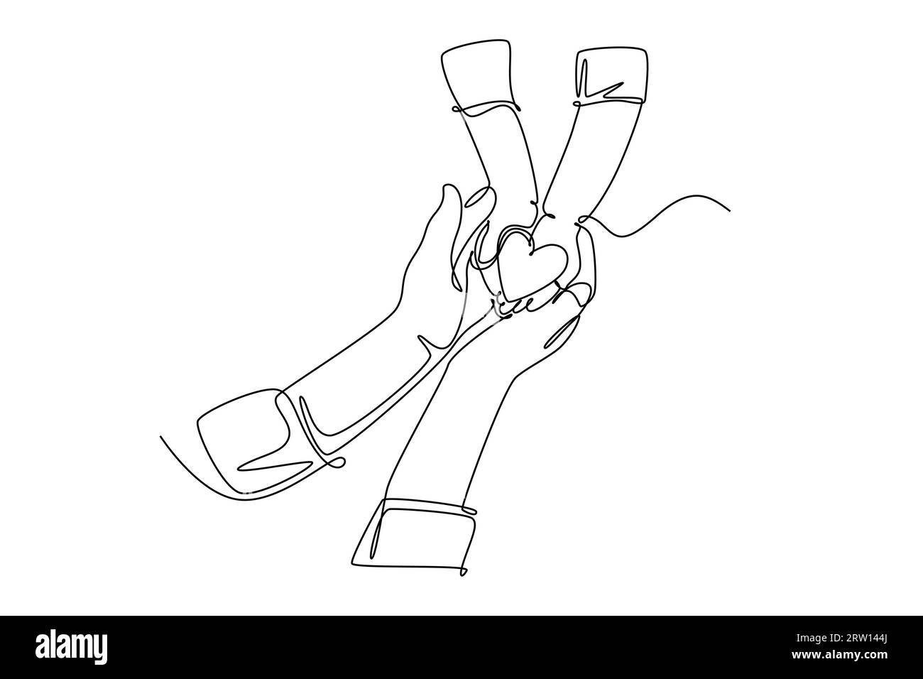 Un disegno a una linea per bambini che donano amore a forma di cuore a madre o padre. Mamma e papa' amano la cura genitoriale. Simbolo dell'assicurazione di famiglia. Contin Foto Stock