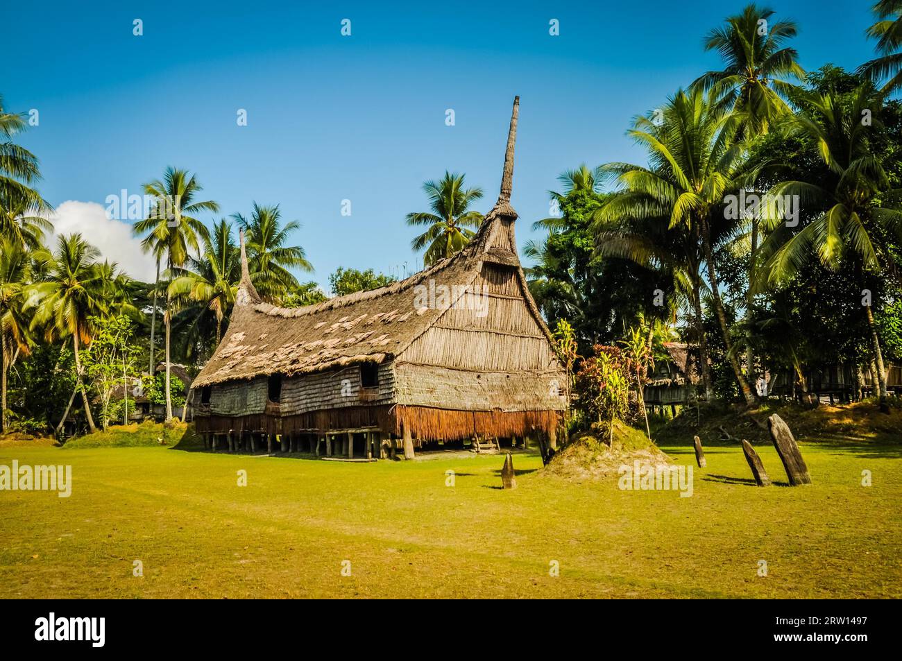 Grande casa fatta di paglia e legno circondata da palme nelle giornate di sole a Palembe, fiume Sepik in Papua nuova Guinea. In questa regione, si può solo incontrare Foto Stock