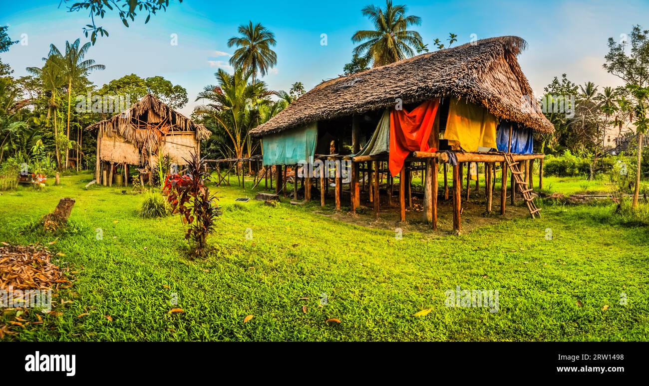 Foto di semplici case fatte di paglia e legno ad Avatip, fiume Sepik in Papua nuova Guinea. In questa regione, si possono incontrare solo persone isolate Foto Stock