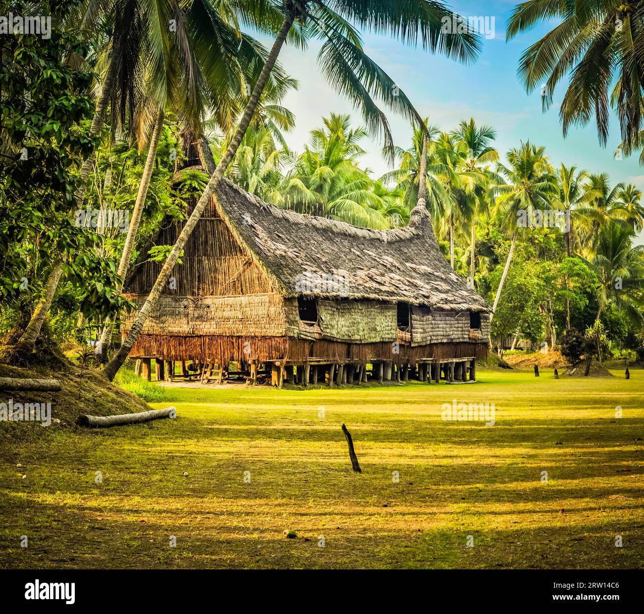 Grande casa fatta di paglia e legno circondata dal verde a Palembe, il fiume Sepik in Papua nuova Guinea. In questa regione, si possono incontrare solo persone da Foto Stock