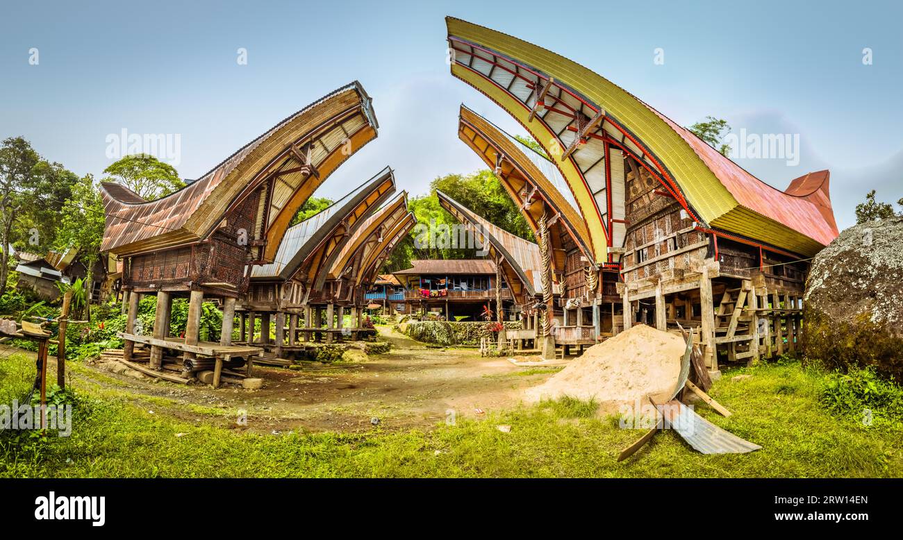 Foto di tongkonani tipici con la forma di una barca e il tetto a dorso di sella nel villaggio nella regione di Toraja a Sulawesi, Indonesia Foto Stock