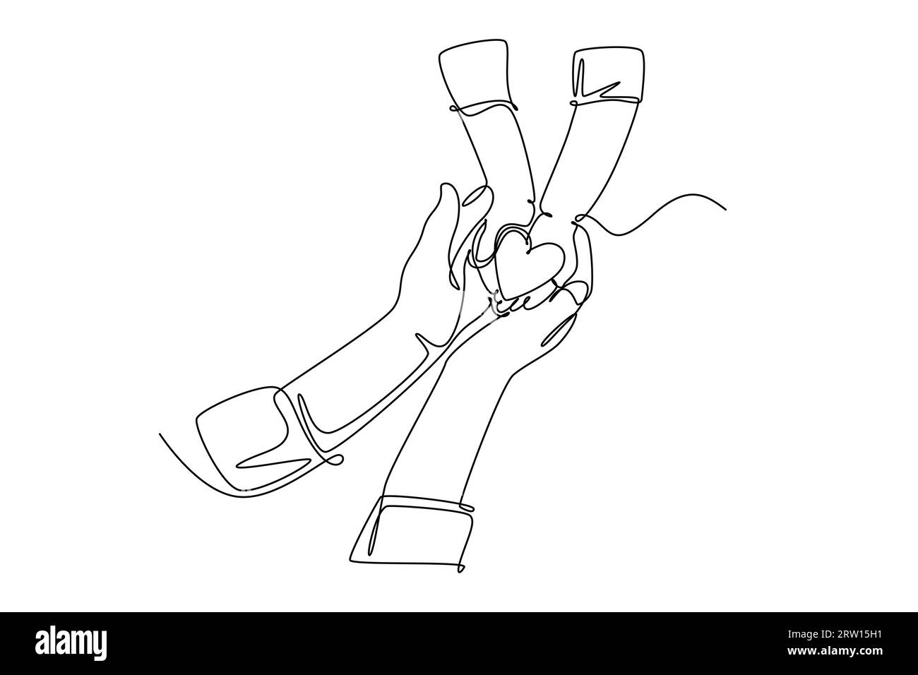 Un disegno a una linea per bambini che donano amore a forma di cuore a madre o padre. Mamma e papa' amano la cura genitoriale. Simbolo dell'assicurazione di famiglia. Contin Foto Stock